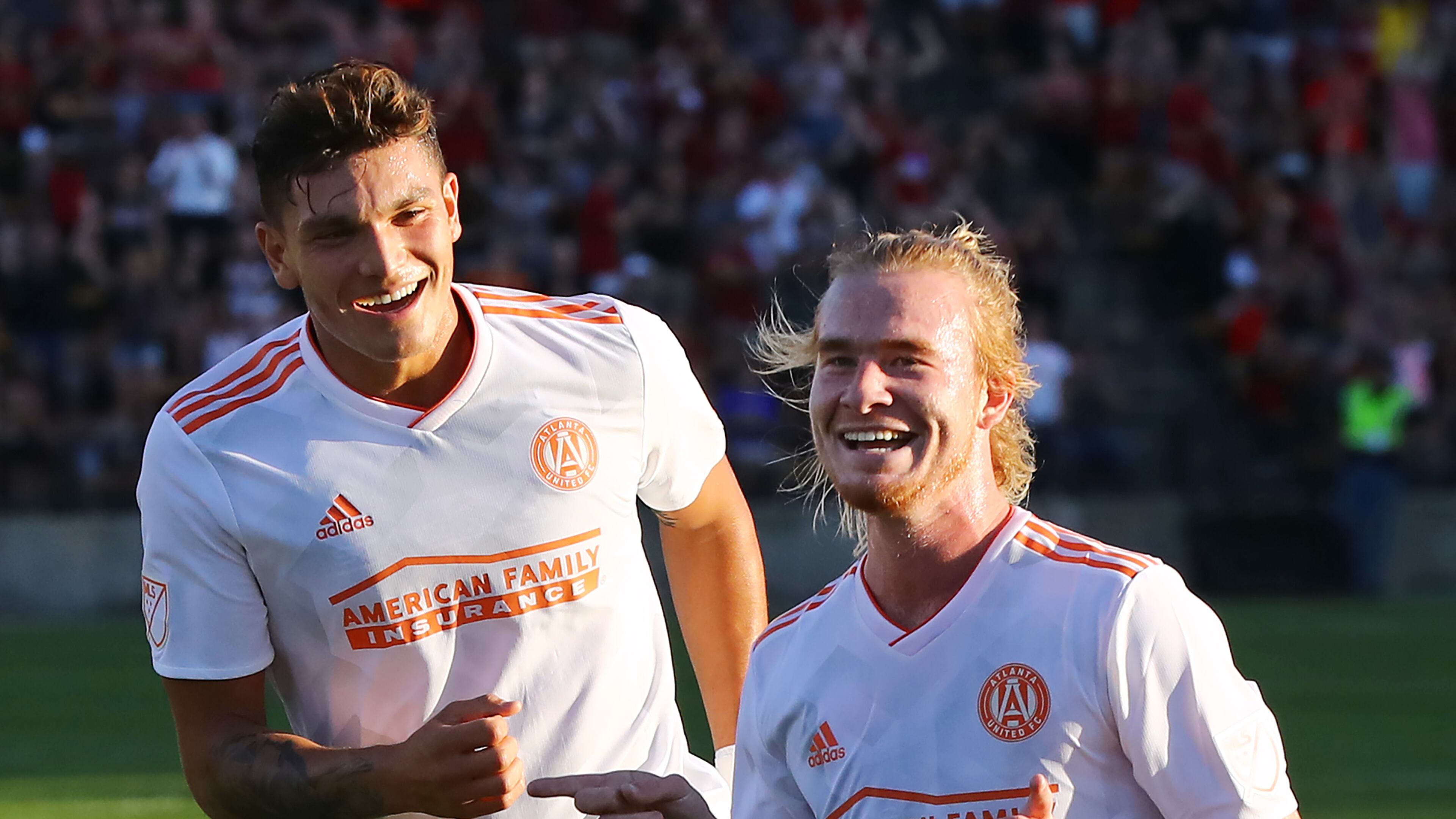June 6, 2018 Kennesaw: Atlanta United midfielder Andrew Carleton (right) celebrates his goal against Charleston Battery with teammate Brandon Vazquez for a 1-0 lead during the first half in a U.S. Open Cup match on Wednesday, June 6, 2018, in Kennesaw. Curtis Compton/ccompton@ajc.com