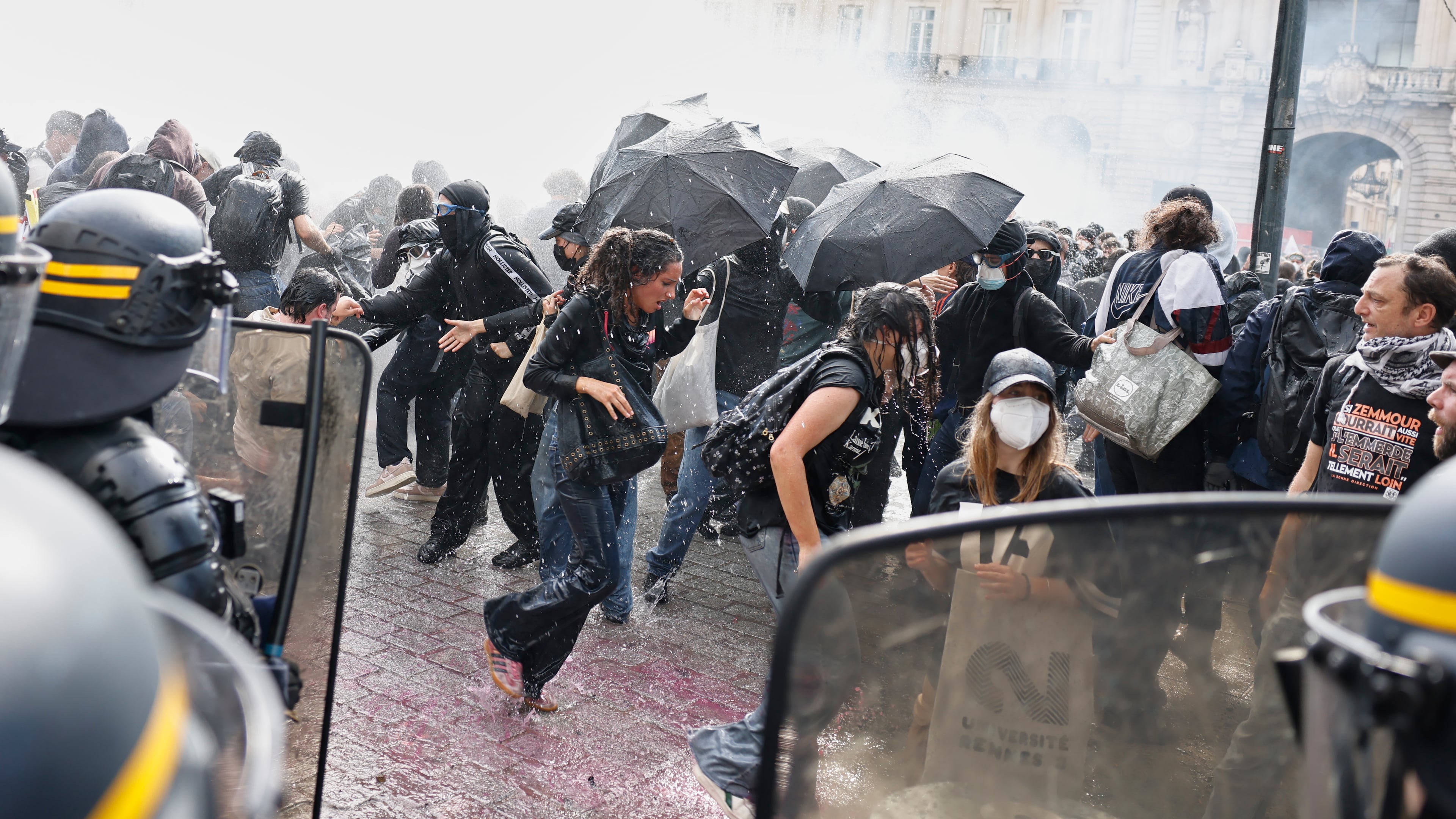 Riot police use a water cannon as they face students during a protest against under-resourced schools in Rennes, western France, Tuesday, Oct. 6, 2026. (Jeremias Gonzalez/AP)