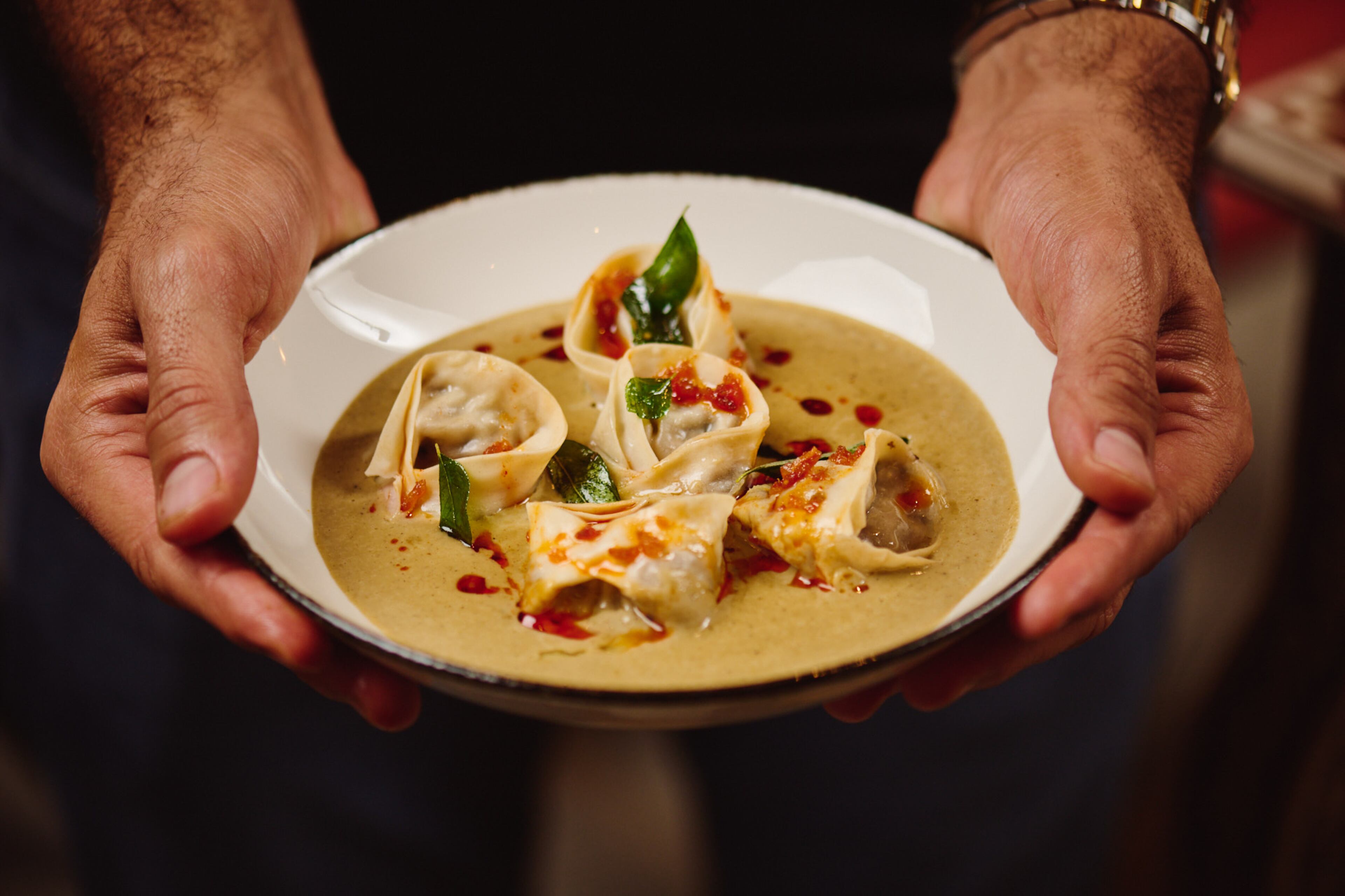 Mushroom momo, a type of Nepalese dumpling, at Ghee Indian Kitchen. (Felipe Cuevas/Courtesy of Ghee Indian Kitchen)