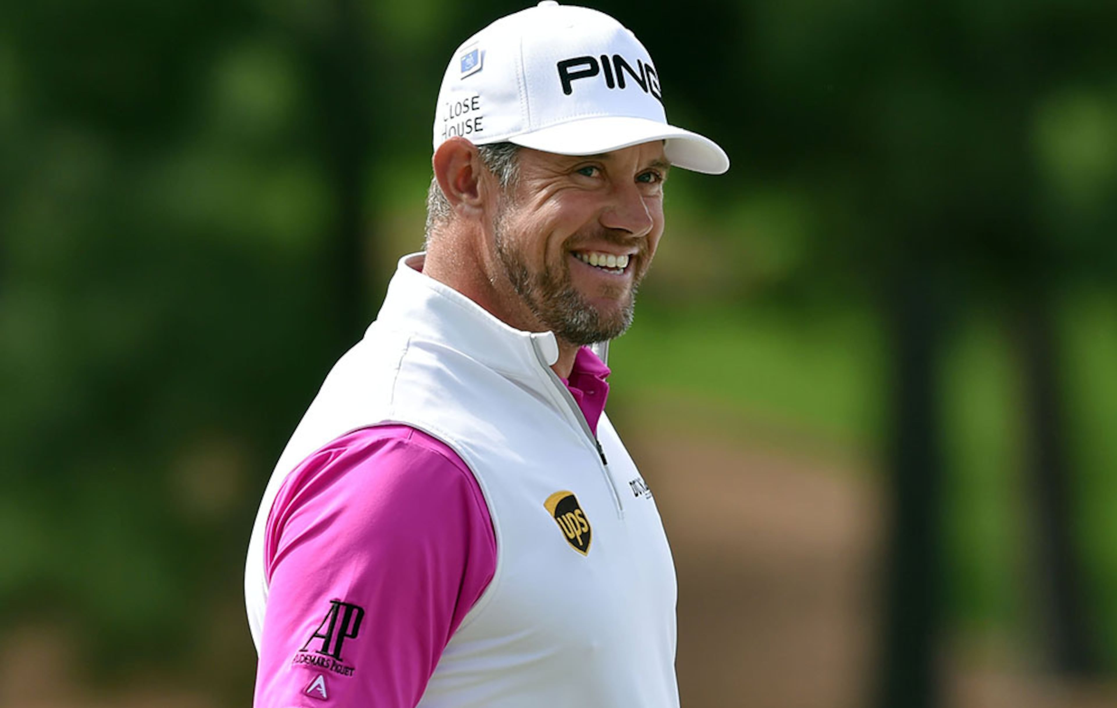 Lee Westwood reacts to a birdie putt on the 7th hole during the final round of the 80th Masters at the Augusta National Golf Club, Sunday, April 10, 2016.