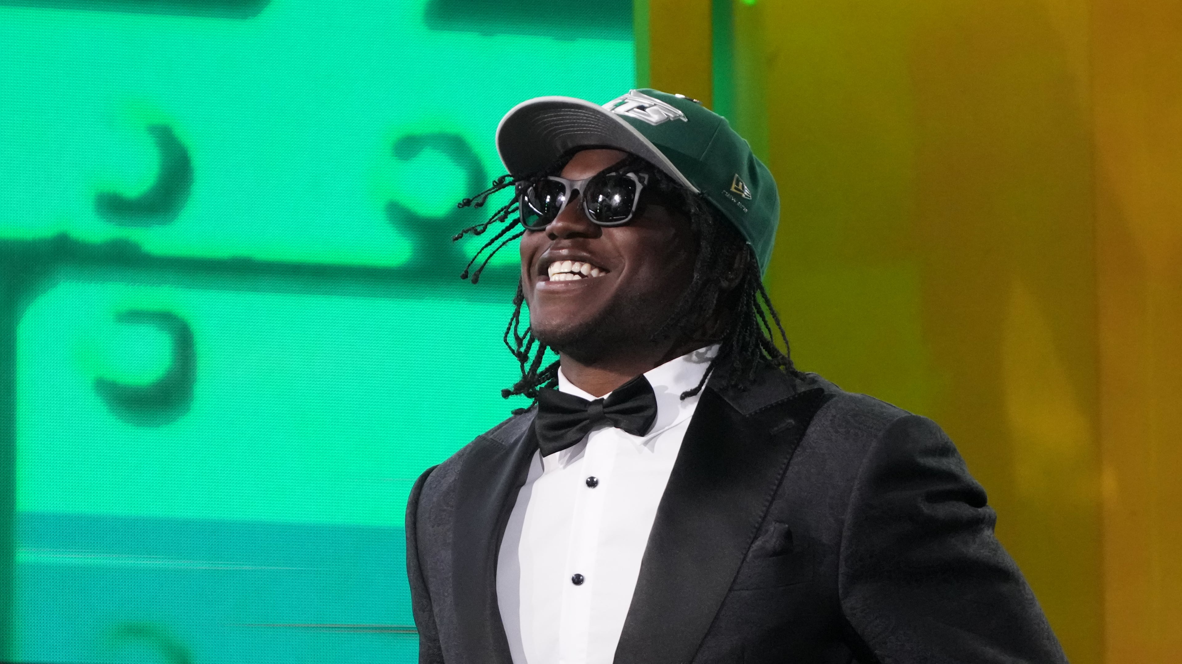 Texas Tech linebacker David Bailey celebrates after being chosen by the New York Jets with the second overall pick during the first round of the NFL football draft, Thursday, April 23, 2026, in Pittsburgh. (AP Photo/Gene J. Puskar)