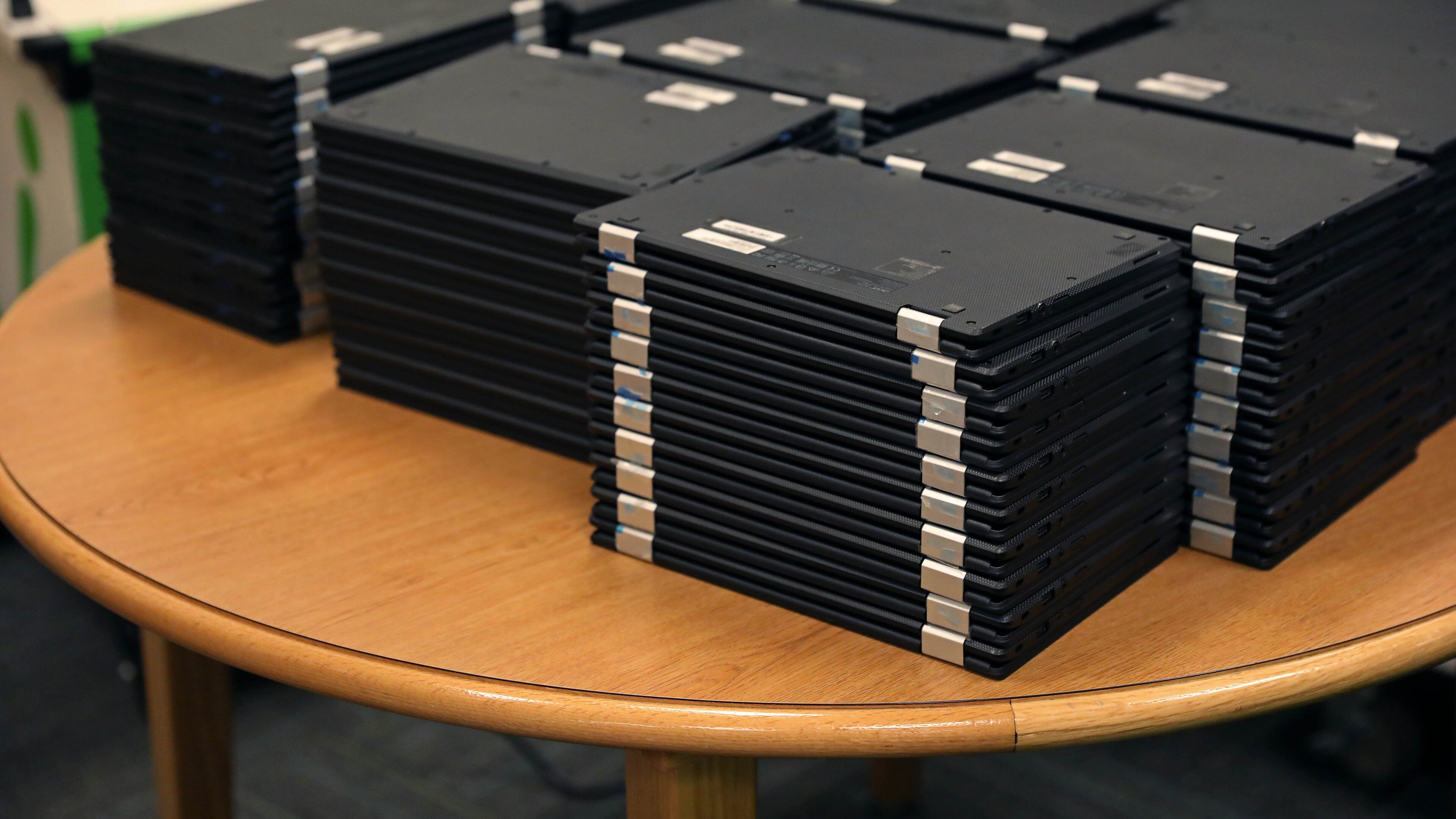A stack of Chromebook laptops is shown in this Atlanta Journal-Constitution file photo from September 13, 2018.(JASON GETZ/SPECIAL TO THE AJC)