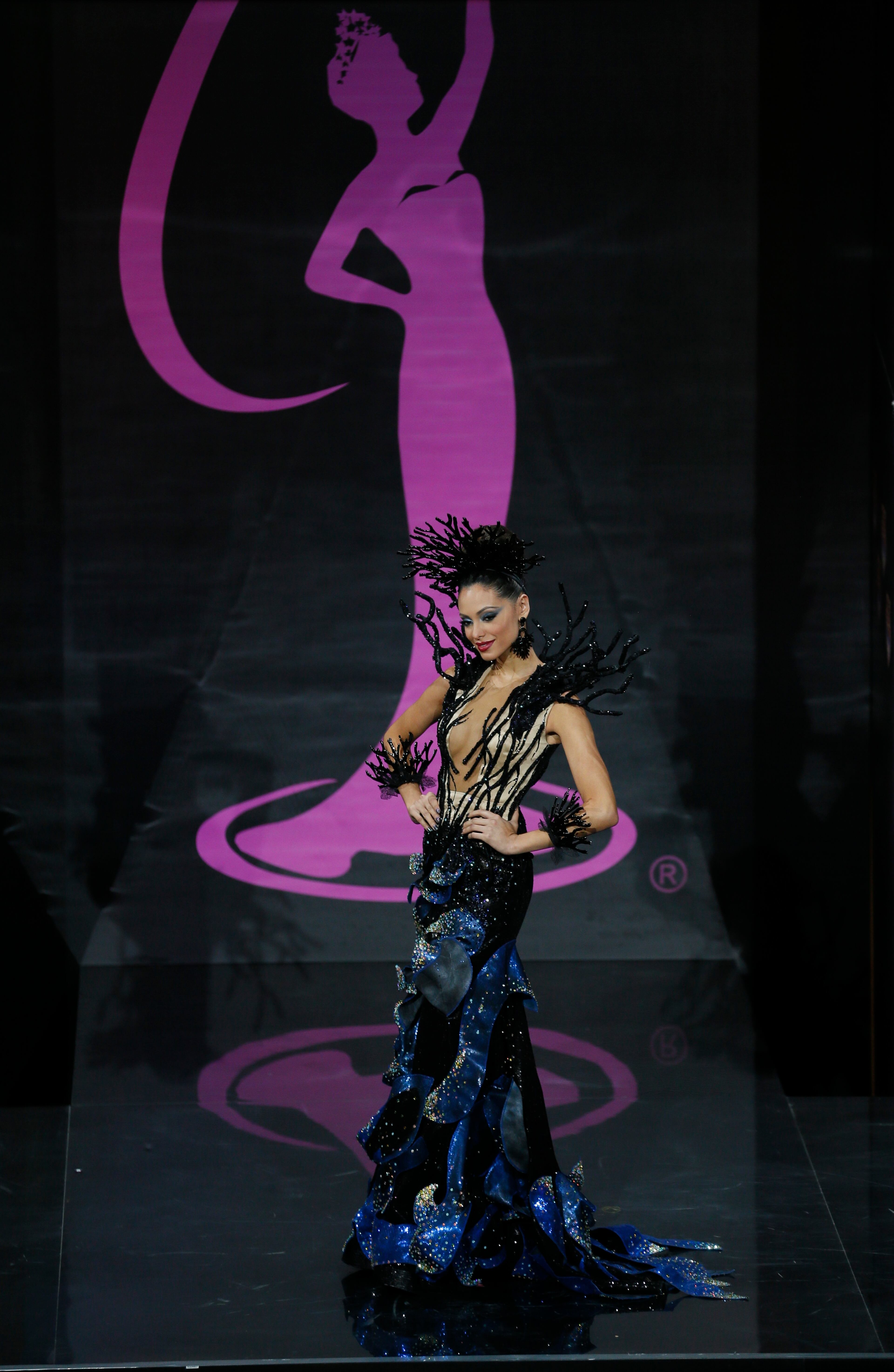 Miss Puerto Rico Monic Perez presents her outfit, during the national costume show at the 2013 Miss Universe pageant in Moscow, Russia, on Sunday, Nov. 3, 2013. Beauties will compete for the title of Miss Universe in Moscow on Nov. 9. (AP Photo/Pavel Golovkin)
