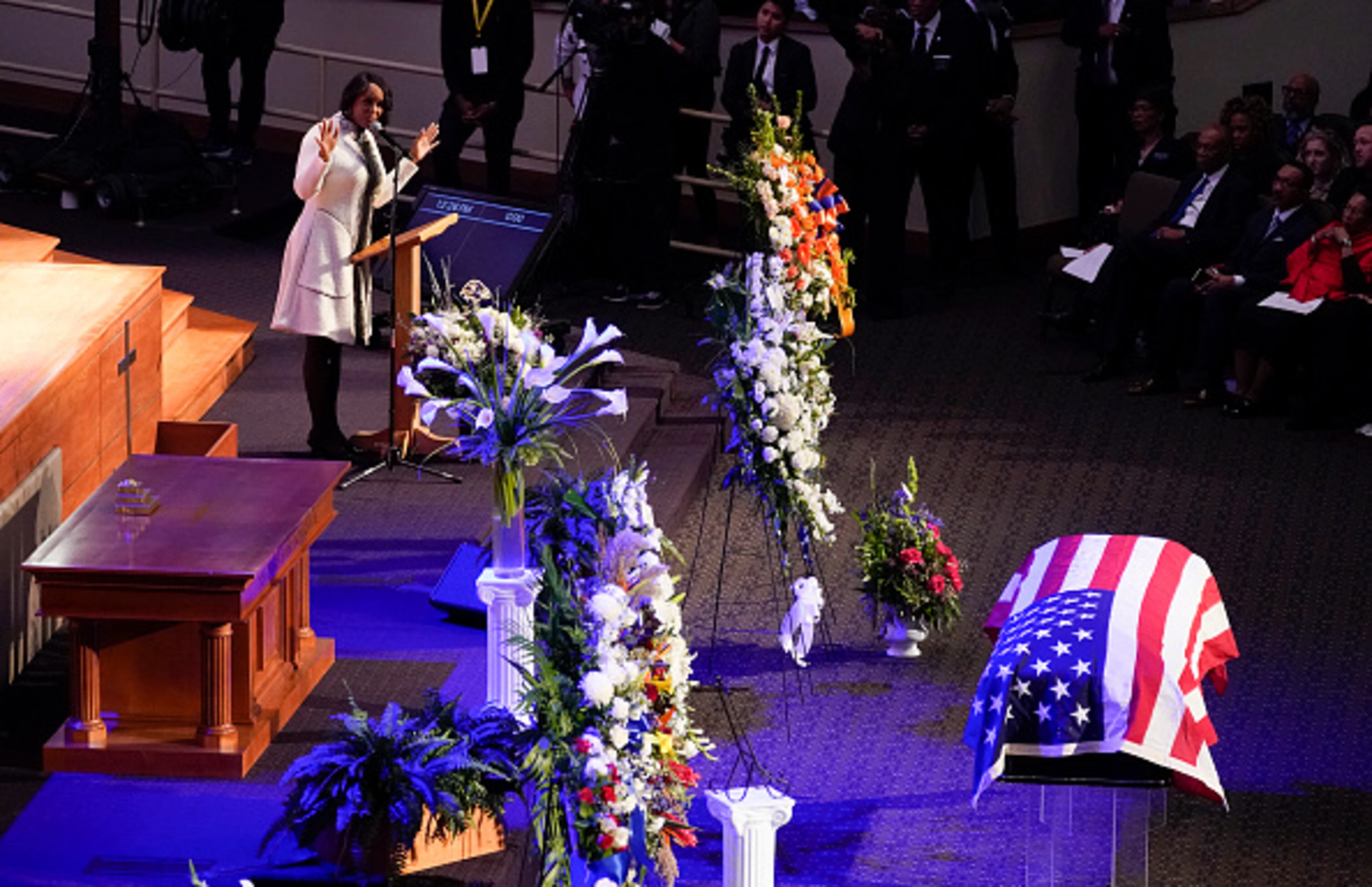 BALTIMORE, MD - OCTOBER 25: Maya Rockeymoore, widow of late U.S. Rep. Elijah Cummings (D-MD), speaks during funeral services for Cummings at the New Psalmist Baptist Church October 25, 2019 in Baltimore, Maryland. A sharecropperâs son who rose to become a civil rights champion and the chairman of the powerful House Oversight and Government Reform Committee, Cummings died last week of complications from longstanding health problems at the age of 68. (Photo by Joshua Roberts-Pool/Getty Images)