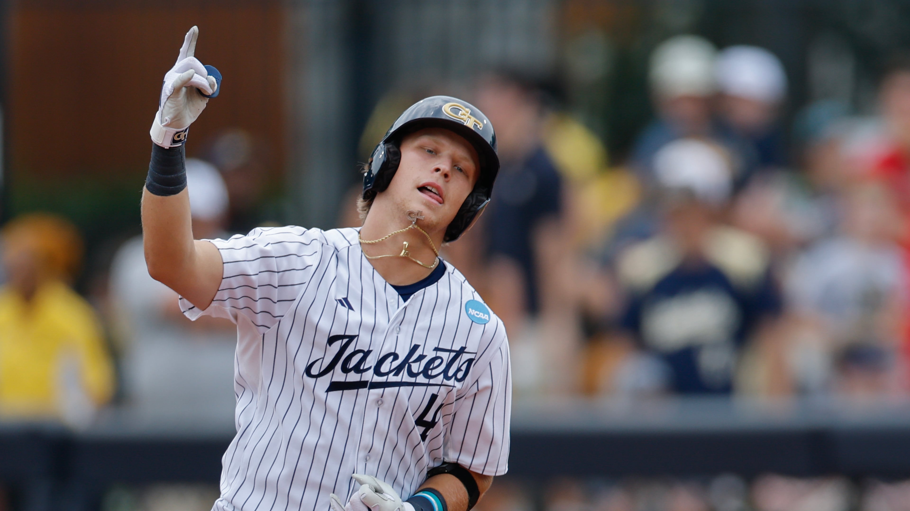 Georgia Tech's Alex Hernandez reacts after hitting a two-run home run against Illinois Chicago during the second inning of an NCAA D1 Atlanta Regional baseball game at Russ Chandler Stadium, Friday, May 29, 2026, in Atlanta. (Erik S. Lesser for the AJC)