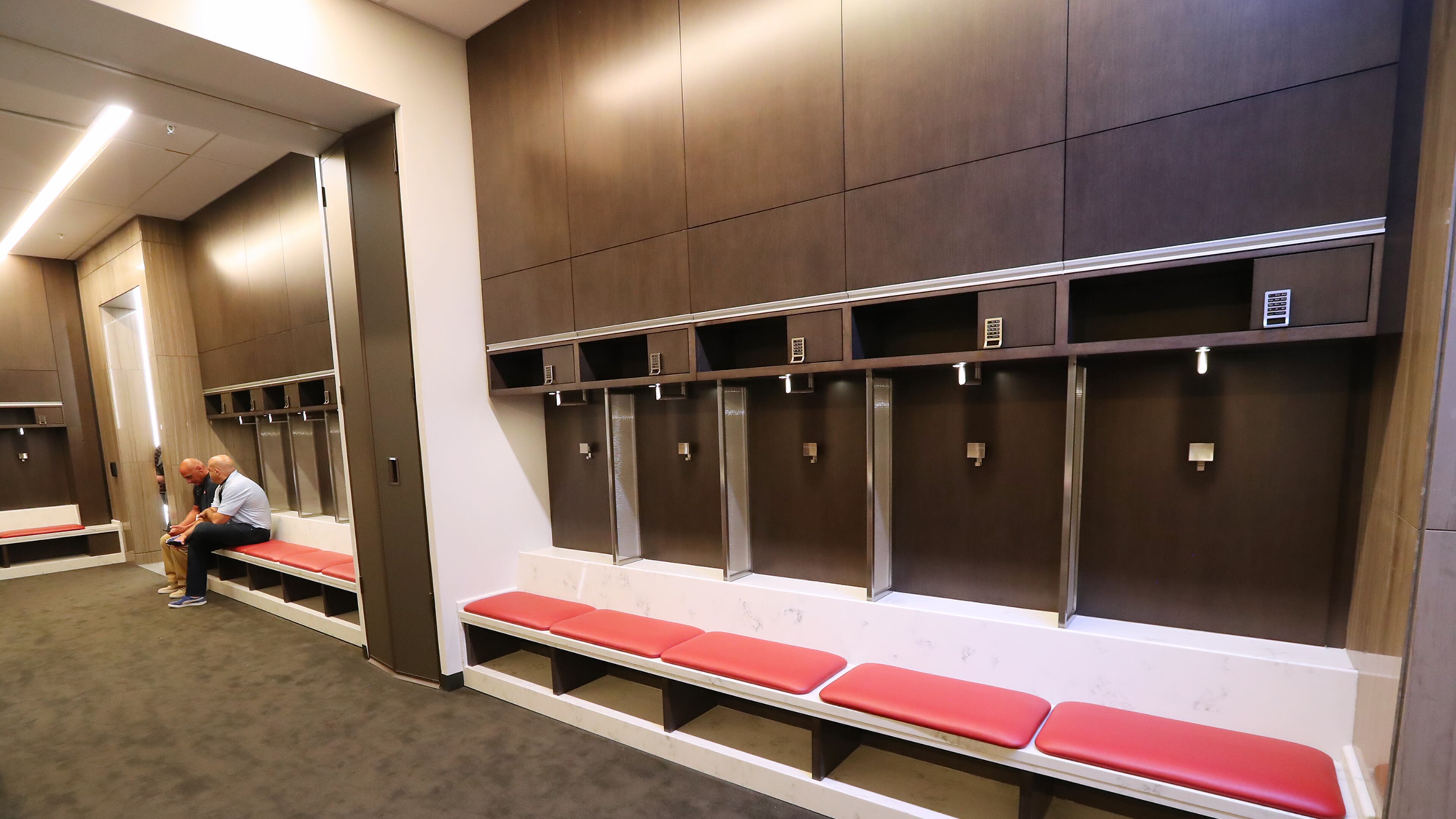 August 15, 2017 Atlanta: The Atlanta United locker room features soccer style benches for players to sit on rather than chairs during a Mercedes-Benz Stadium open house tour on Monday, August 15, 2017, in Atlanta. Curtis Compton/ccompton@ajc.com