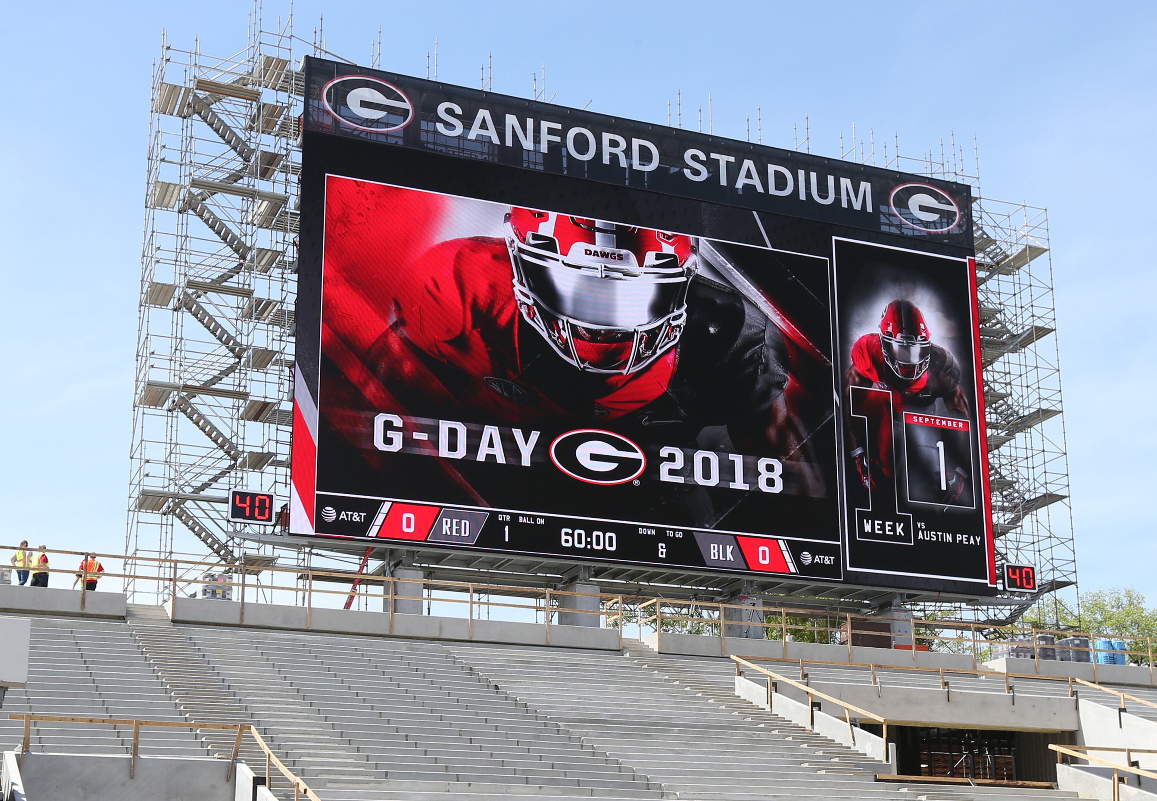 The new scoreboard is seen during Georgia's annual G-Day spring intrasquad football game on Saturday, April 21, 2018, in Athens. Curtis Compton/ccompton@ajc.com