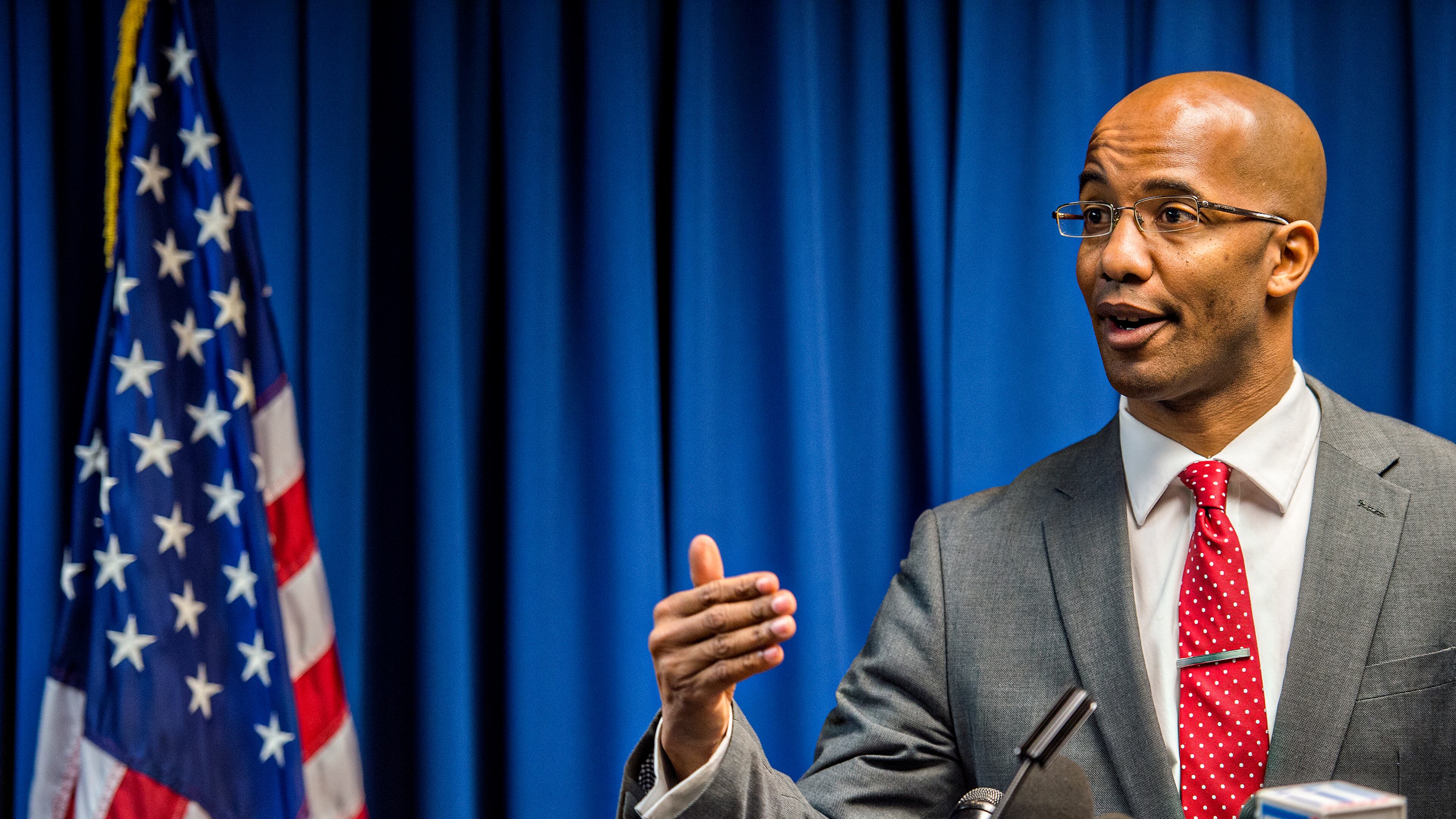 DeKalb County District Attorney Robert James announces that his office will seek a murder indictment against police Officer Robert Olsen, who shot and killed Anthony Hill in March. JONATHAN PHILLIPS / SPECIAL