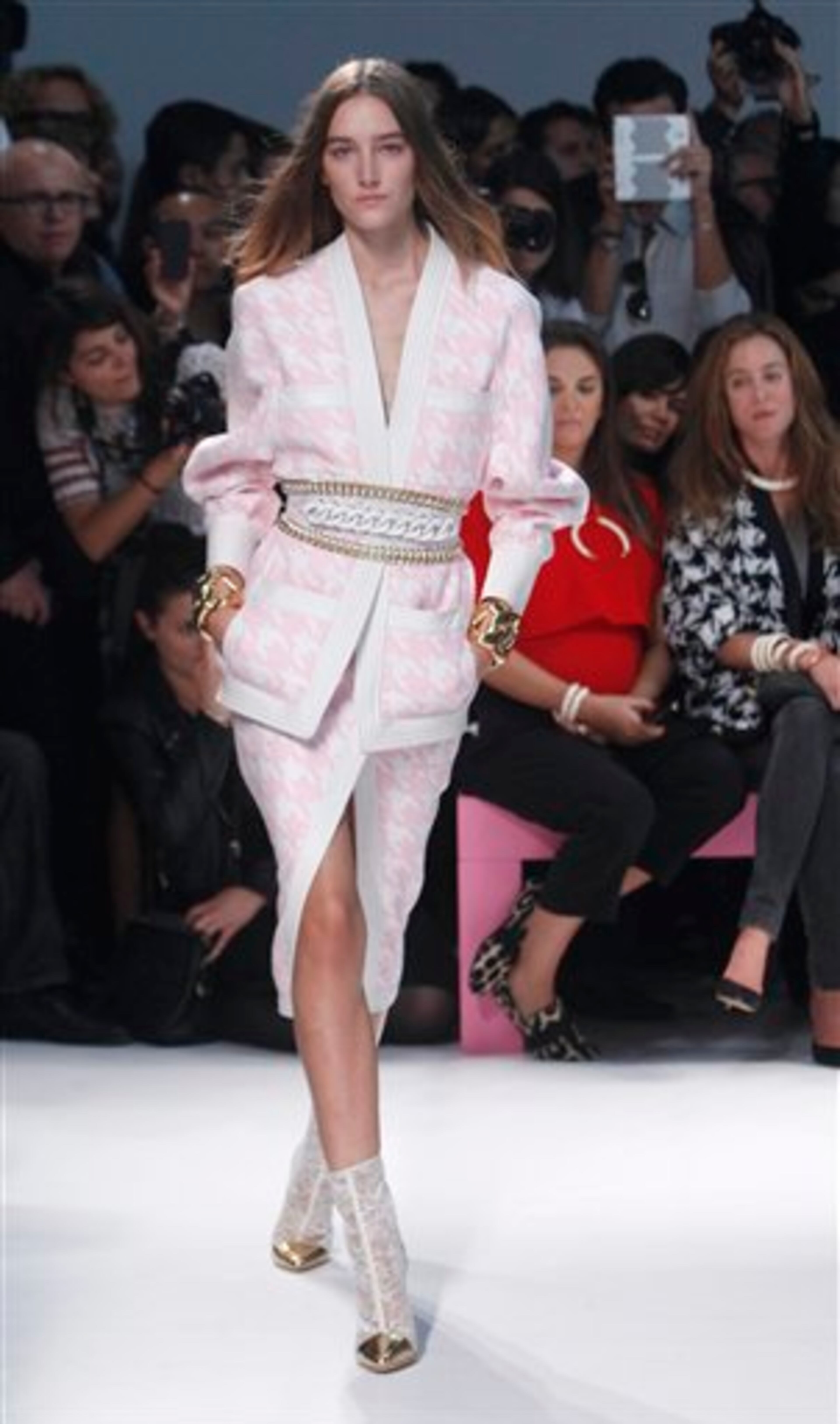 A model wears a creation for Balmain ready-to-wear Spring/Summer 2014 fashion collection, presented in Paris, Thursday, Sept.26, 2013. (AP Photo/Thibault Camus)