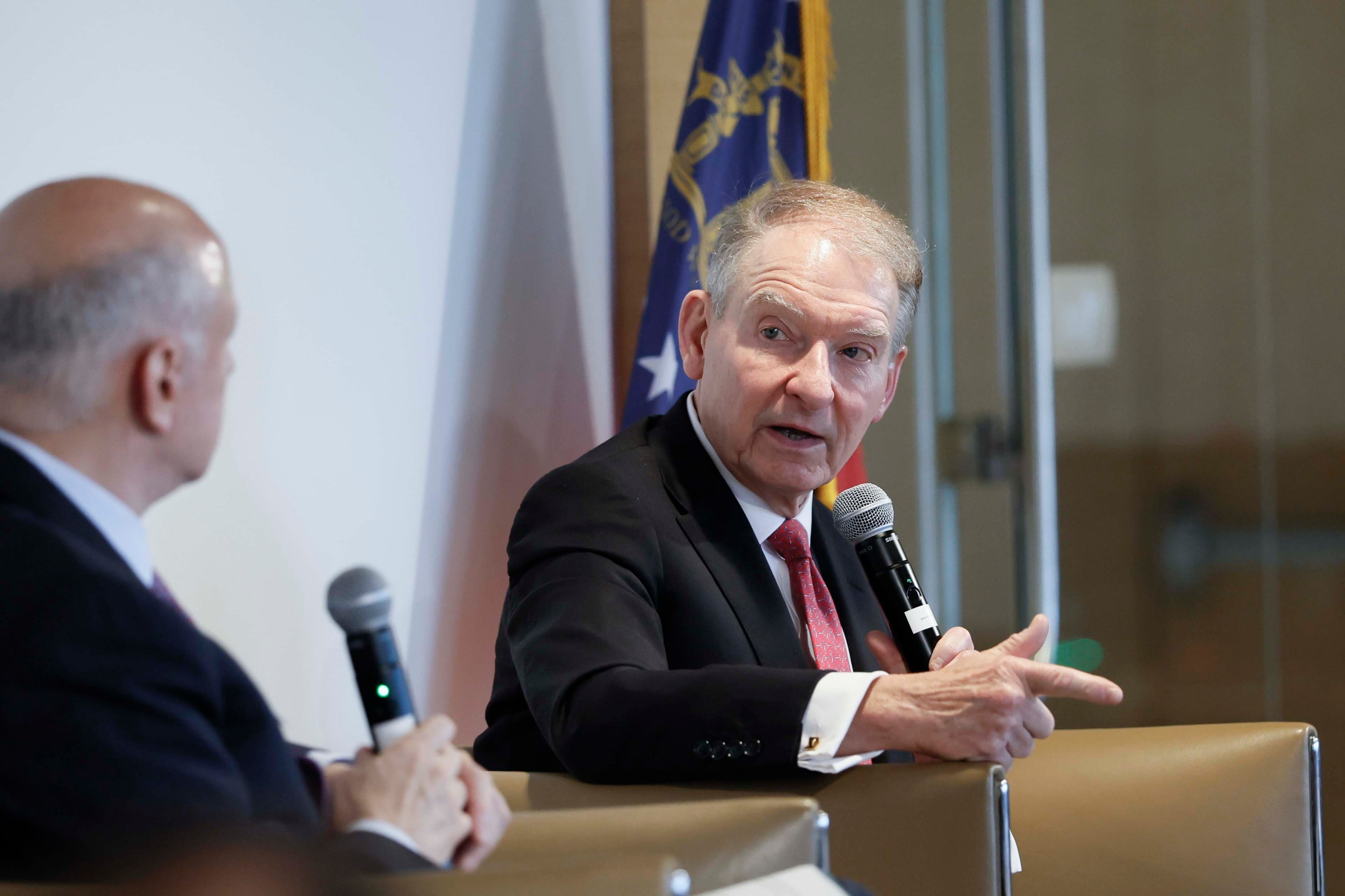 SEC Chairman Paul Atkins responds to questions from Jeffrey Sprecher, founder and CEO of Intercontinental Exchange, during a fireside chat at the Metro Atlanta Chamber on Thursday, Oct. 15, 2026. (Miguel Martinez/AJC)