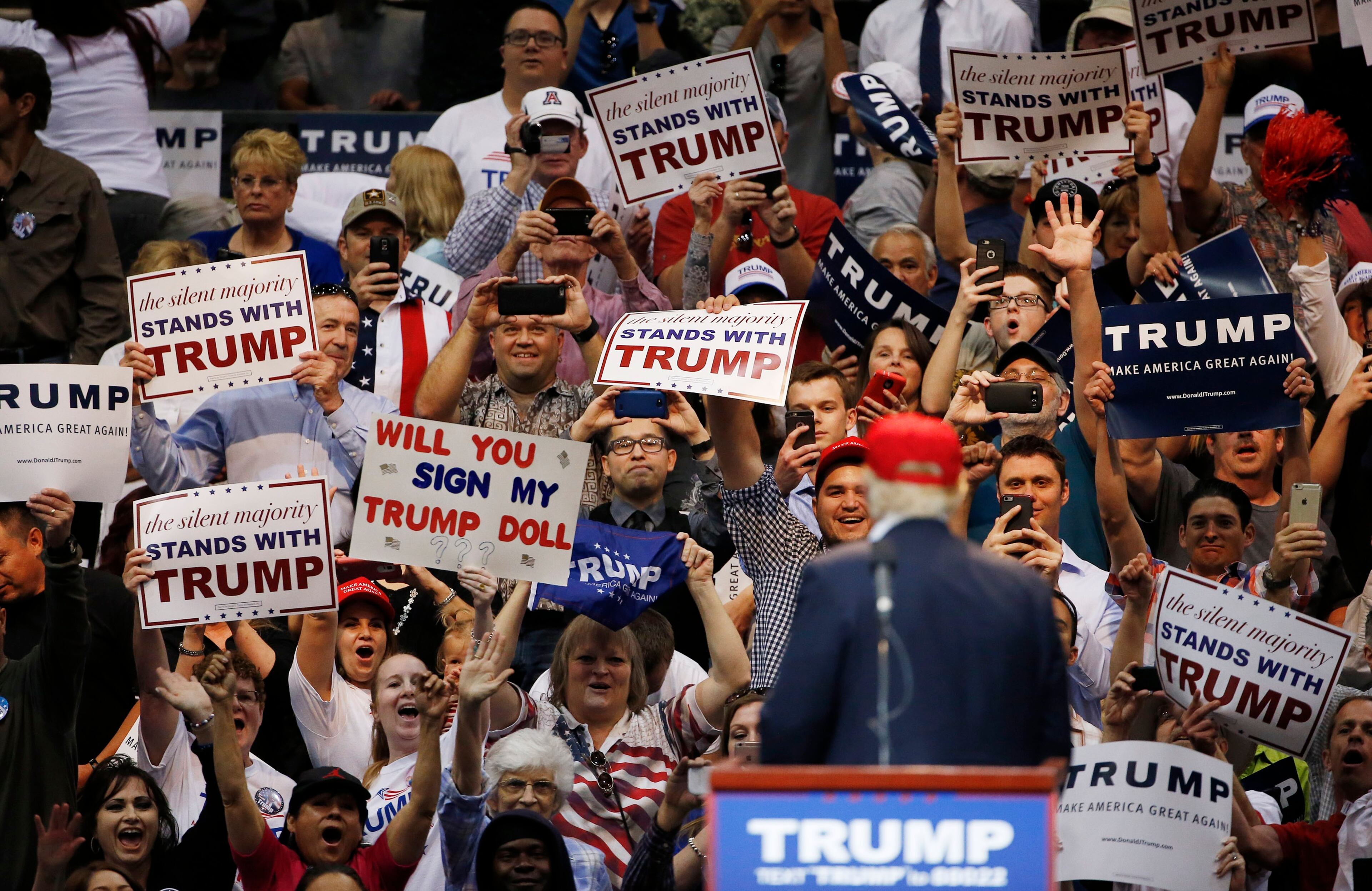 Republican presidential candidate Donald Trump turns around to look at supporters during a campaign rally Saturday, March 19, 2016, in Tucson, Ariz. (AP Photo/Ross D. Franklin)