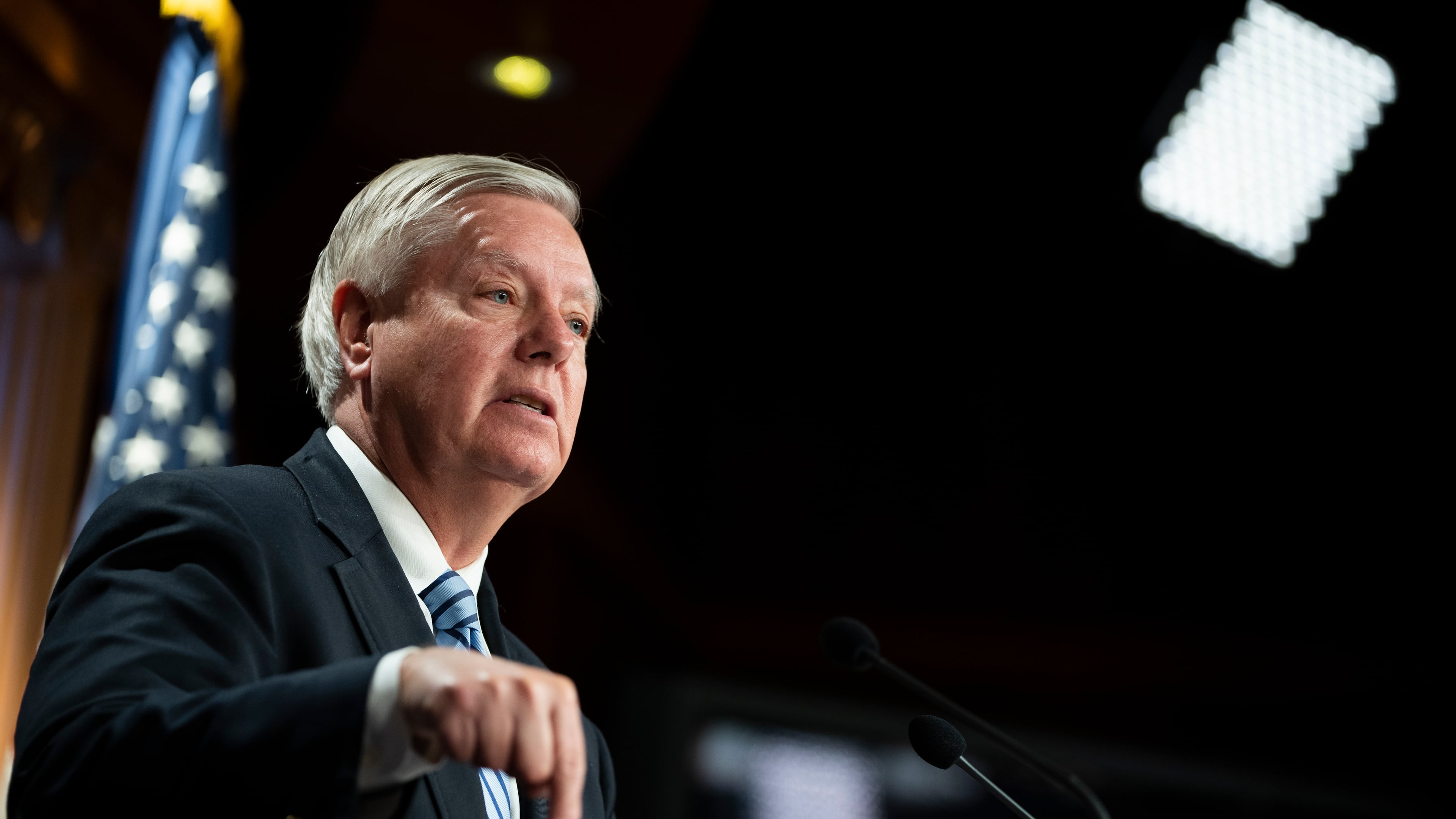 Senator Lindsey Graham (R-S.C.) speaks during a press conference with GOP leaders on Capitol Hill in Washington on April 7, 2022. (Sarahbeth Maney/The New York Times)