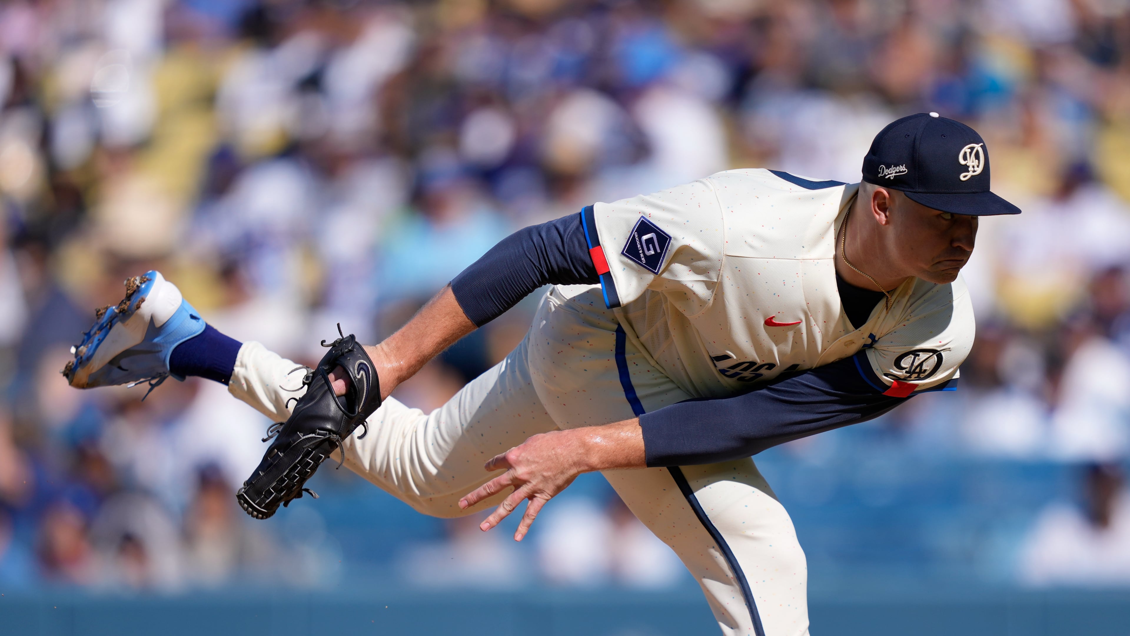 Los Angeles Dodgers starting pitcher Tarik Skubal throws to the plate during the first inning of a baseball game against the Pittsburgh Pirates, Saturday, Aug. 22, 2026, in Los Angeles. (AP Photo/Mark J. Terrill)