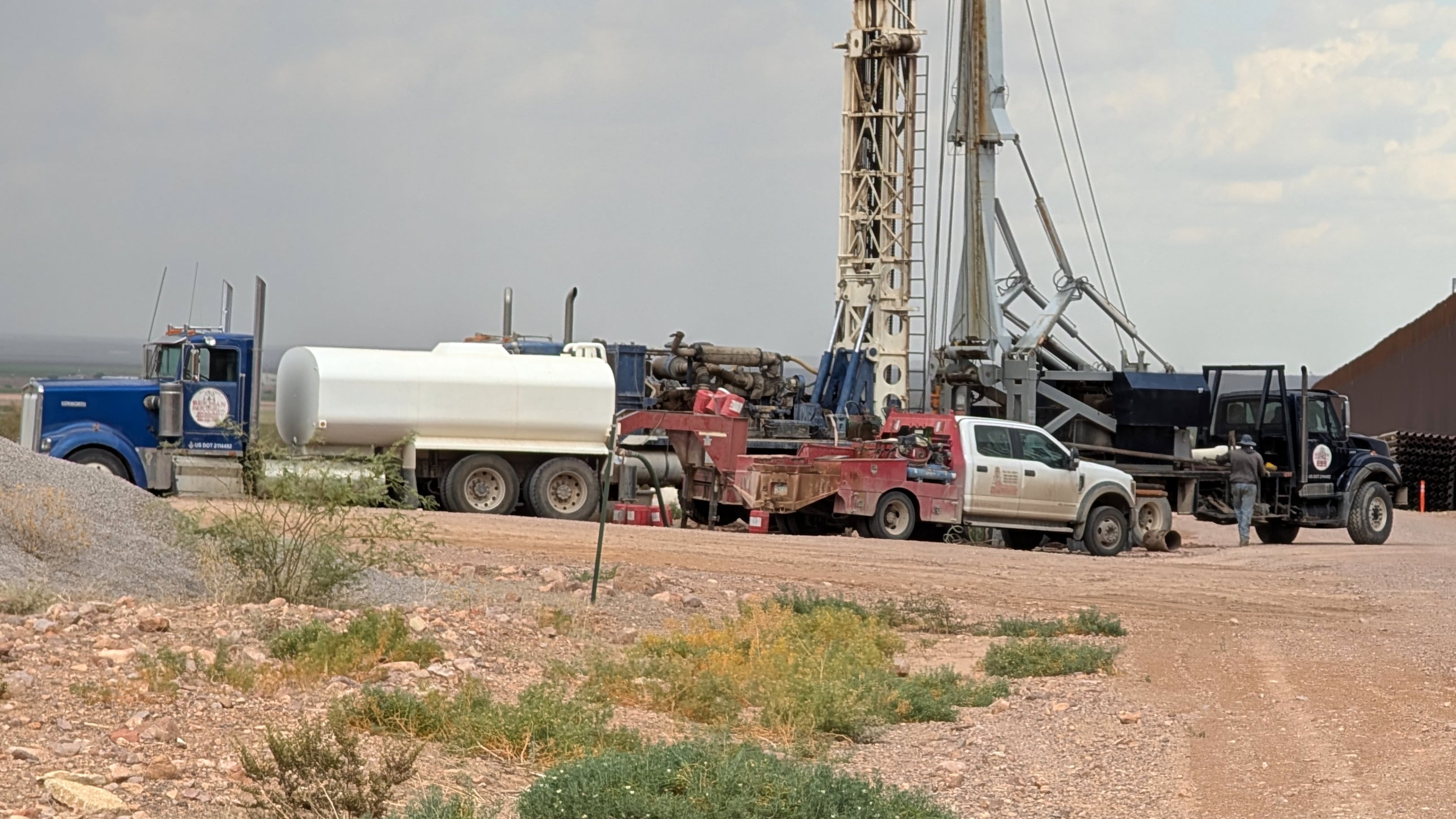 Construction crews drill wells for border wall construction in July 2026, in Luna County, N.M., along the US-Mexico border. (Russell Johnson via AP)