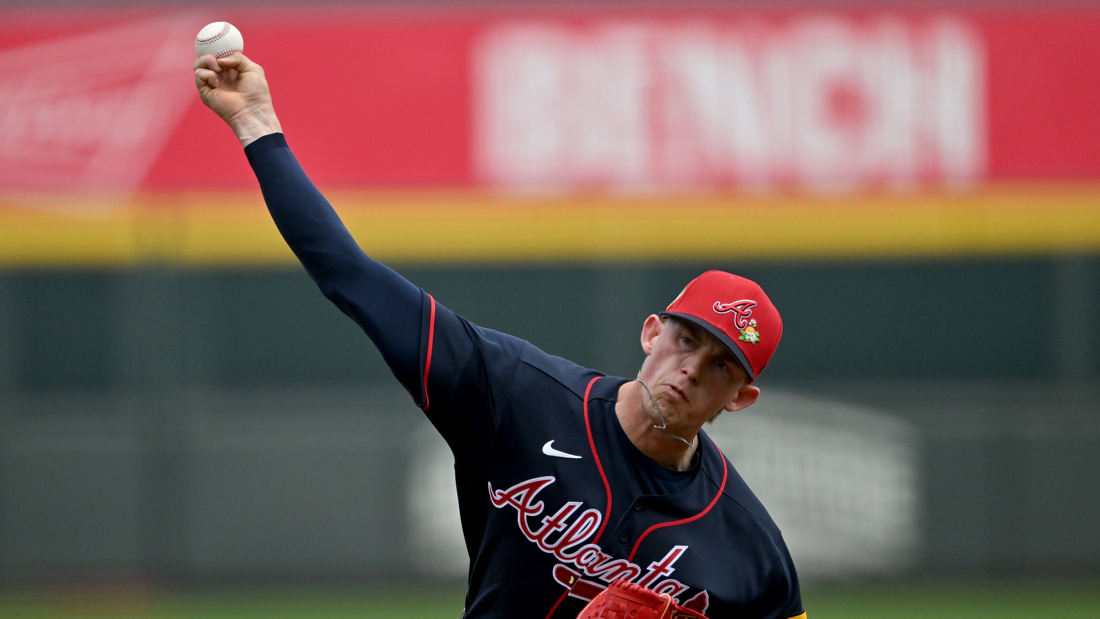 Braves pitcher Hurston Waldrep throws batting practice during spring training at CoolToday Park on Feb. 12, 2026,. (Hyosub Shin/AJC)
