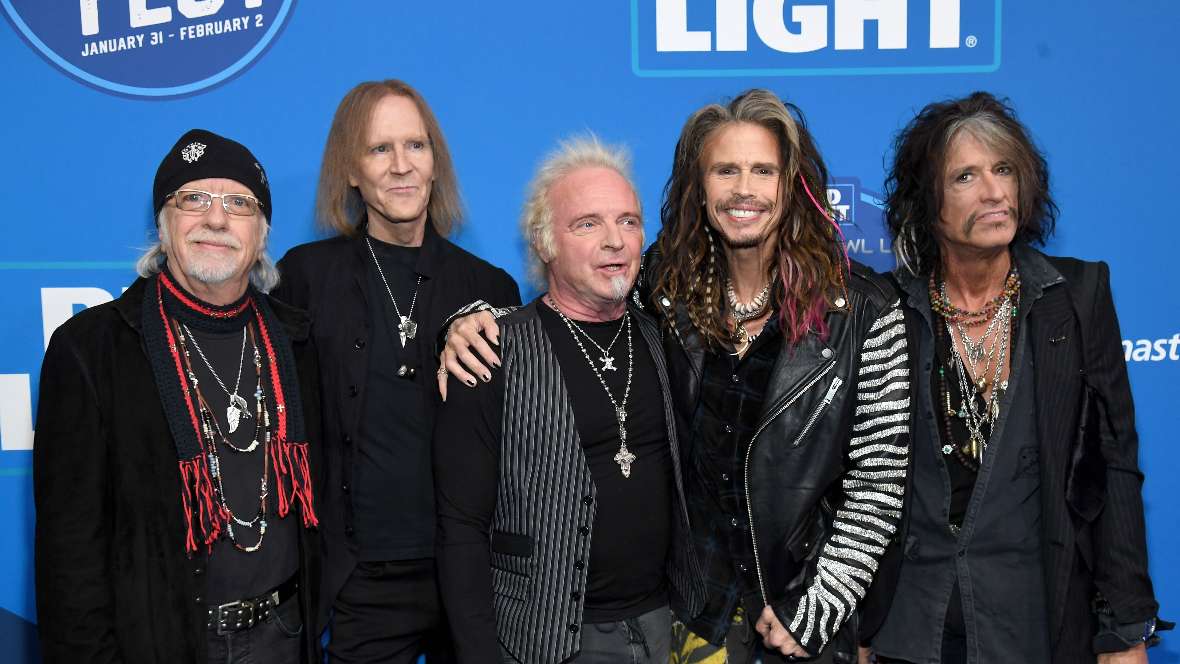 ATLANTA, GA - FEBRUARY 01: Brad Whitford, Tom Hamilton, Joey Kramer, Steven Tyler, and Joe Perry of Aerosmith attend Day 2 of Bud Light Super Bowl Music Fest at State Farm Arena on February 1, 2019 in Atlanta, Georgia. (Photo by Kevin Mazur/Getty Images for Bud Light Super Bowl Music Fest)