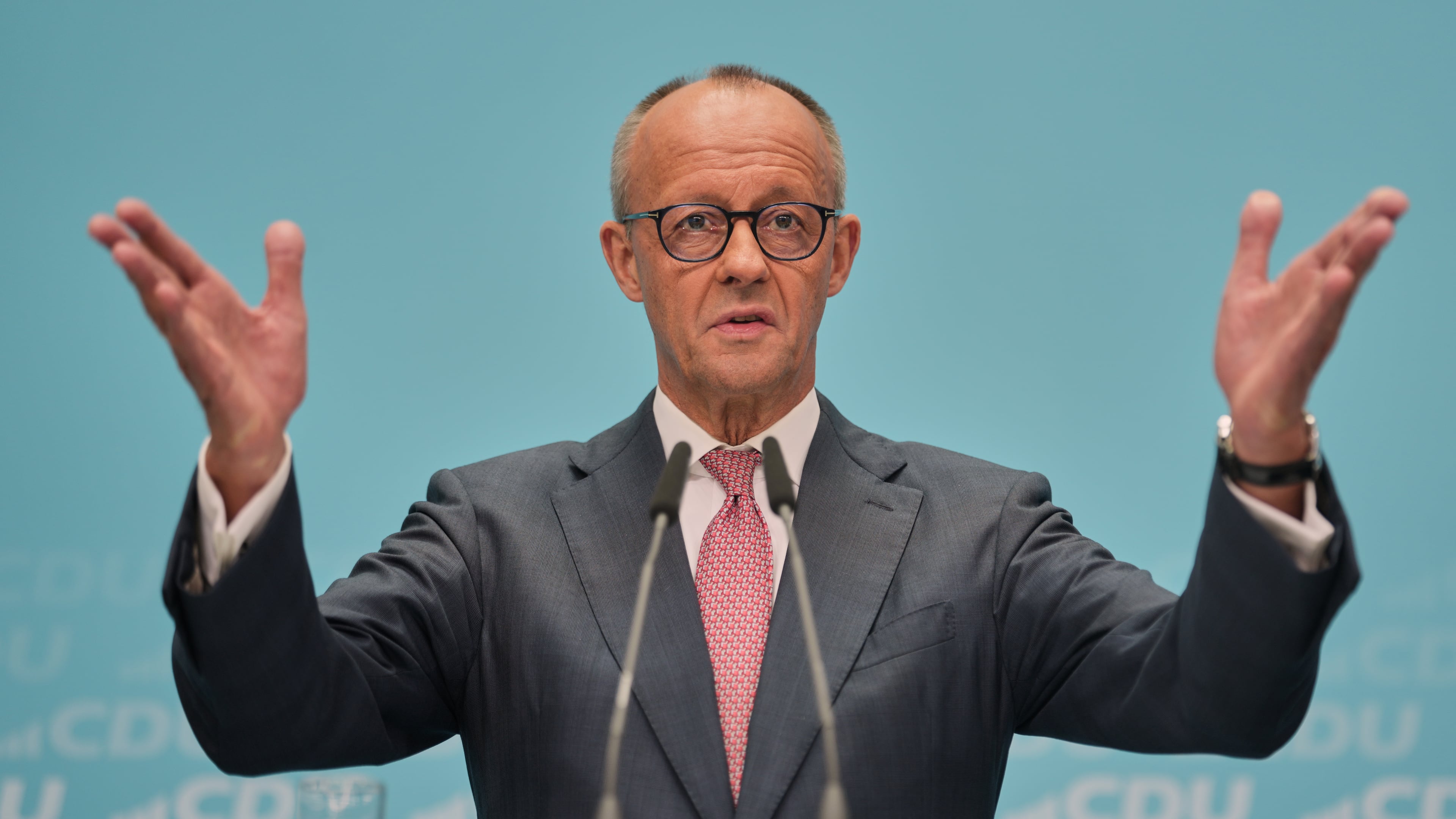 German Chancellor Friedrich Merz talks to the media during a press conference at the Christian Democratic Union (CDU) headquarters in Berlin, Germany, after yesterday's two state elections in Berlin and Mecklenburg-Western Pomerania, Monday, Sept. 21, 2026. (AP Photo/Markus Schreiber)