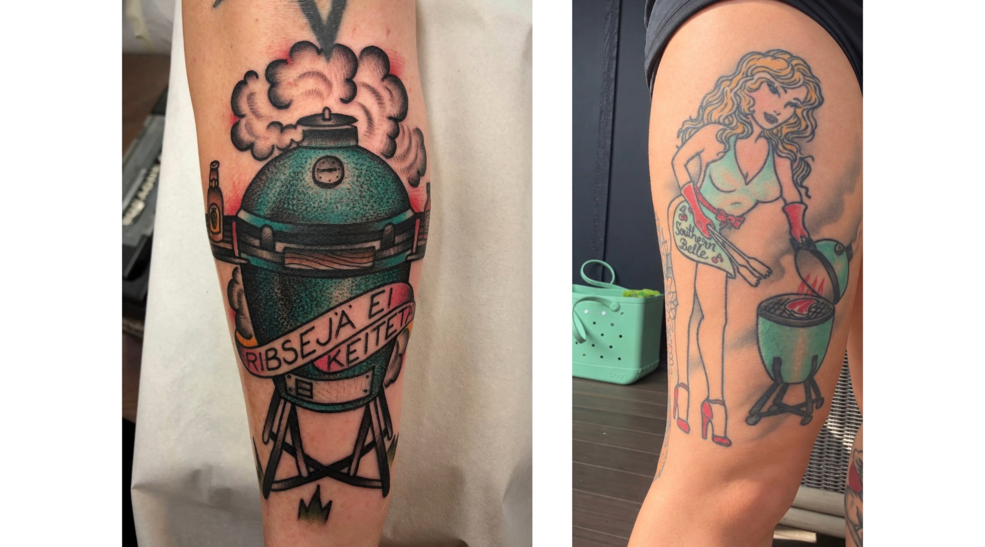 Finnish pitmaster Kaius Gestranius (left) shows off his Big Green Egg forearm tattoo featuring the Finnish phrase "Ribsejä ei keitetä" ("Don't boil ribs"). At right, chef Taylor Carroll, who will be attending Eggtober Fest on Saturday, displays her "Southern Belle" pinup tattoo on her leg. (Courtesy of Juha Lensu/Raining Blood Tattoo and Taylor Carroll)