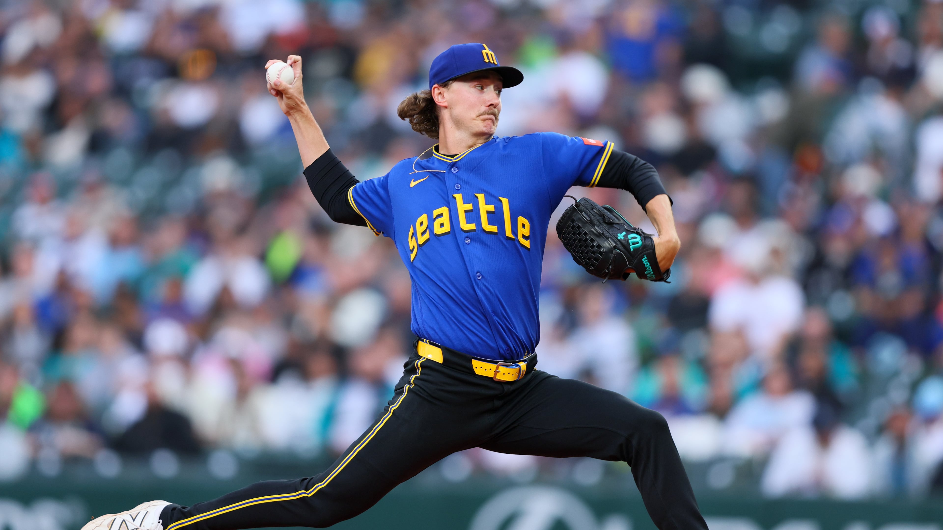 Seattle Mariners pitcher Bryce Miller delivers in the first inning of a baseball game against the Los Angeles Angels, Thursday, July 2, 2026, in Seattle. (AP Photo/Kevin Ng)