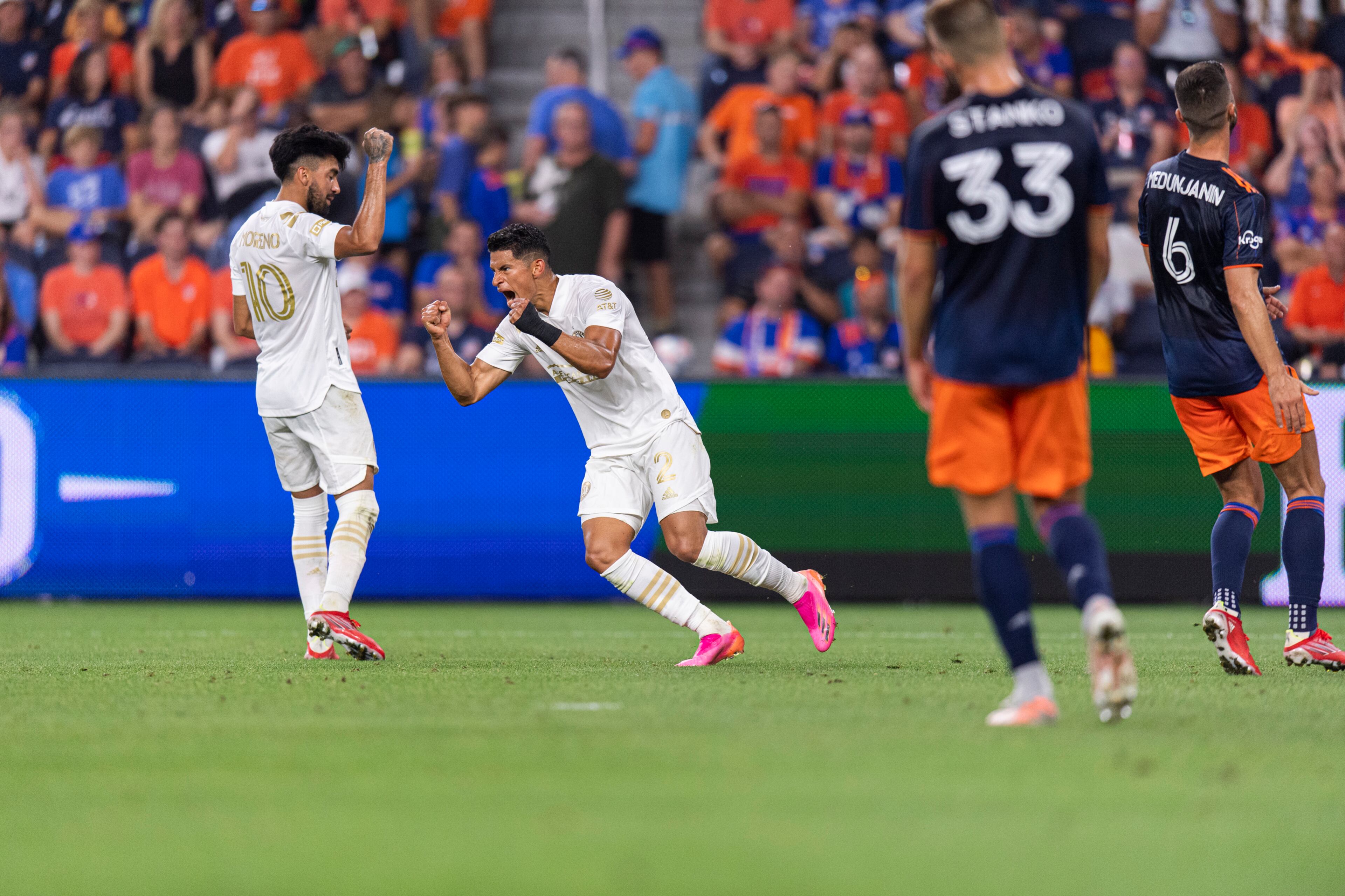 Atlanta United defender Ronald Hernandez (2) celebrates after scoring a goal against FC Cincinnati Wednesday, July 21, 2021, at TQL Stadium in Cincinnati. (Jacob Gonzalez/Atlanta United)