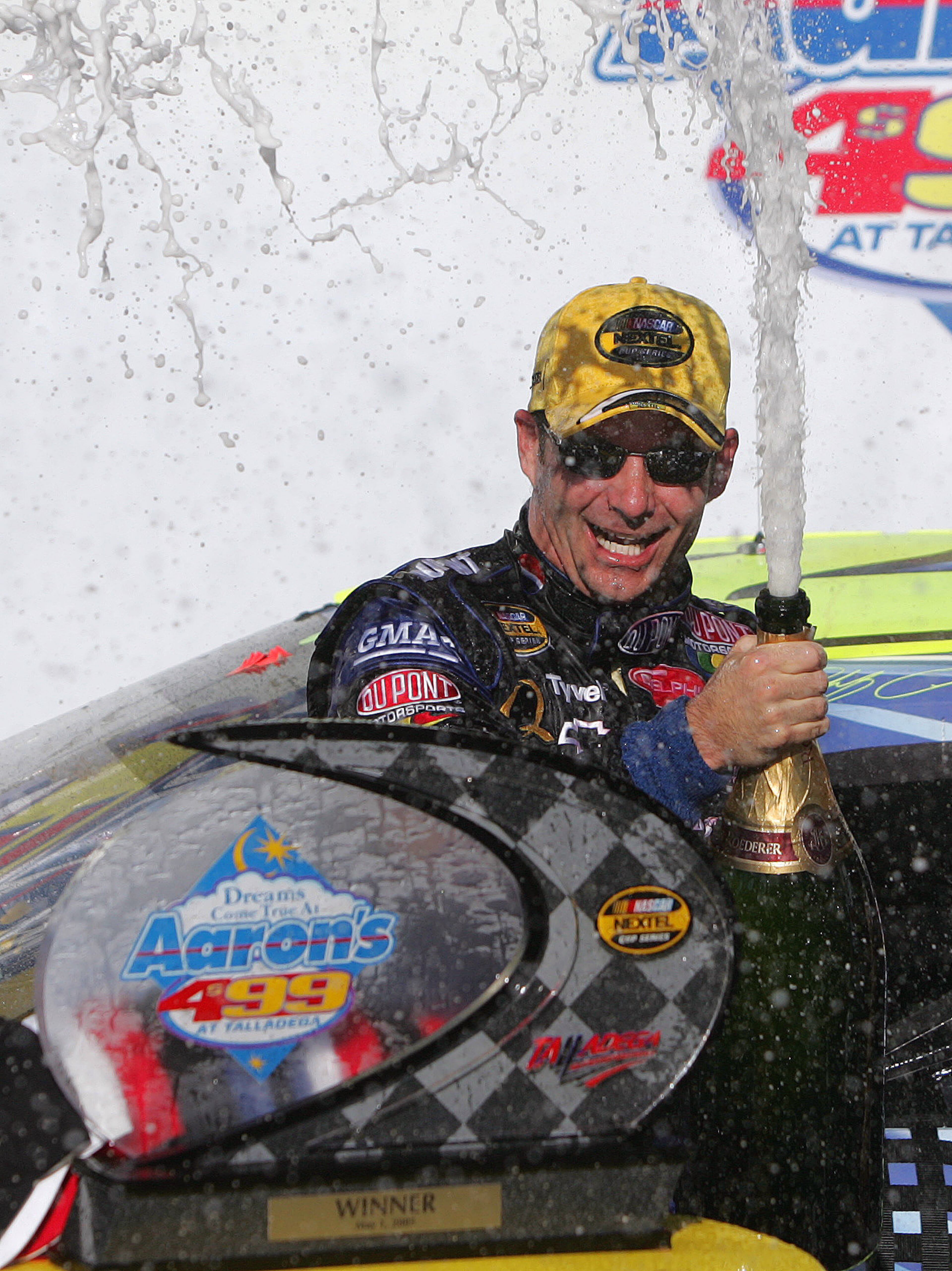 NASCAR driver Jeff Gordon celebrates after winning the Aaron's 499 race at the Talladega Superspeedway in Talladega, Ala., Sunday, May 1, 2005. (AP Photo/Dave Martin)