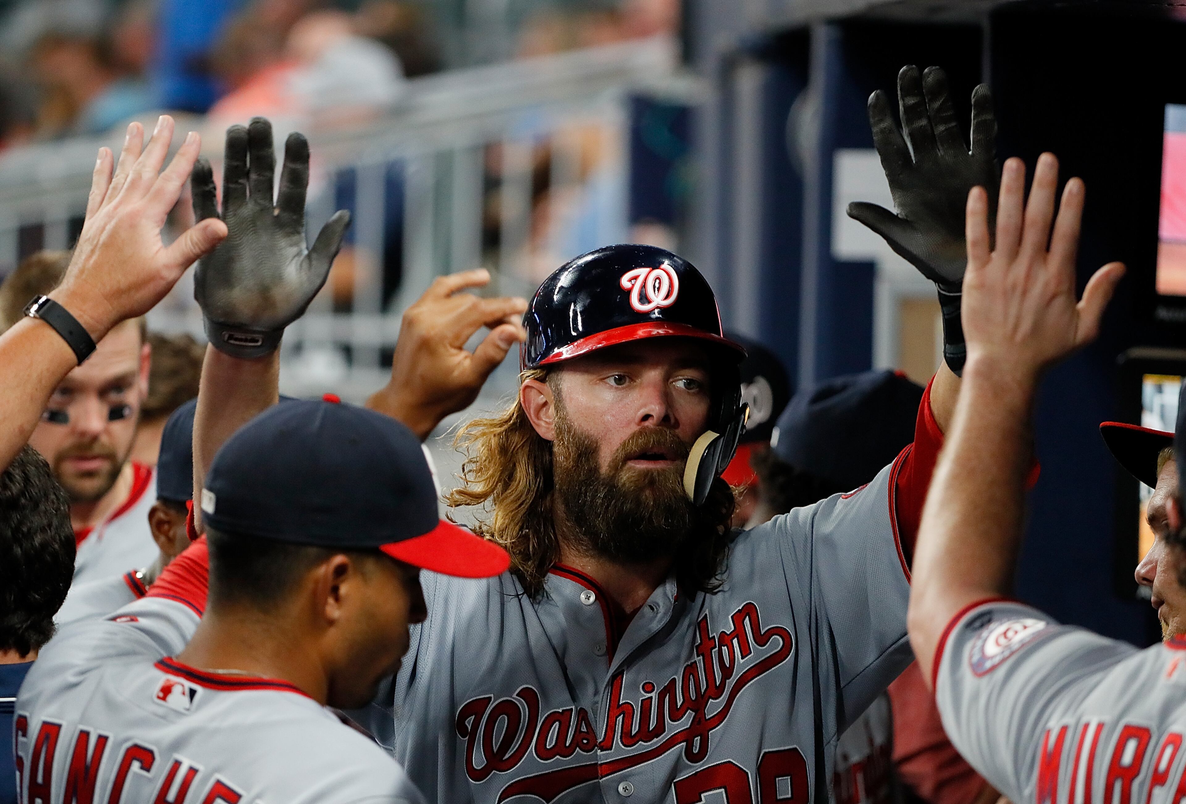 ATLANTA, GA - SEPTEMBER 19: Jayson Werth #28 of the Washington Nationals reacts after scoring on a fielding error by Rio Ruiz #14 of the Atlanta Braves in the fifth inning at SunTrust Park on September 19, 2017 in Atlanta, Georgia. (Photo by Kevin C. Cox/Getty Images)