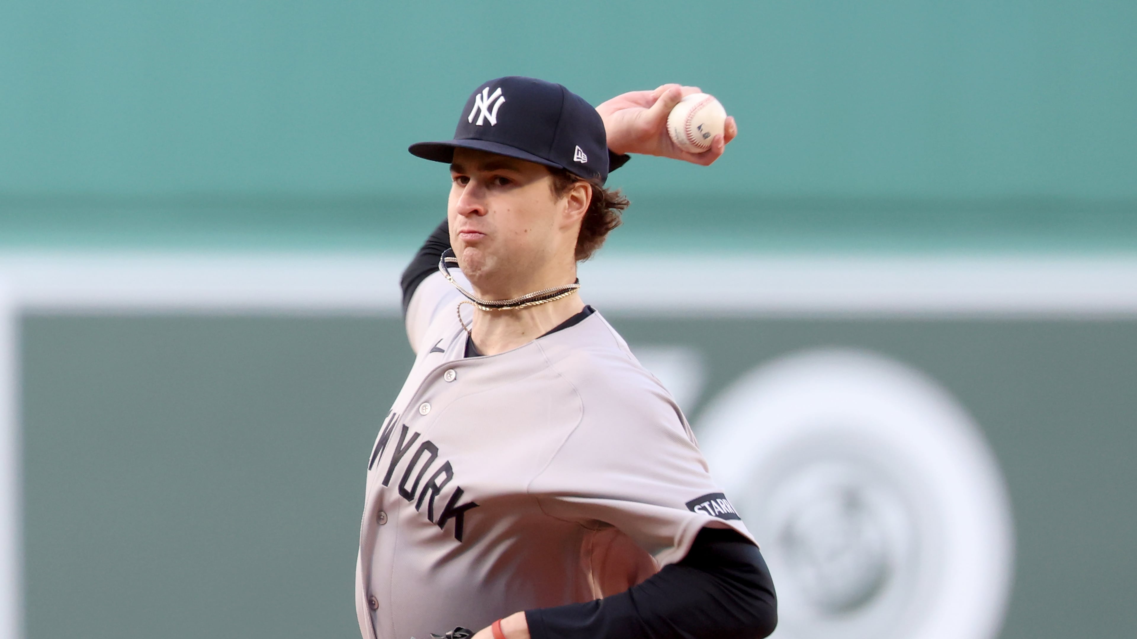 New York Yankees pitcher Cam Schlittler throws during the first inning of a baseball game against the Boston Red Sox, Thursday, April 23, 2026, in Boston. (AP Photo/Mark Stockwell)