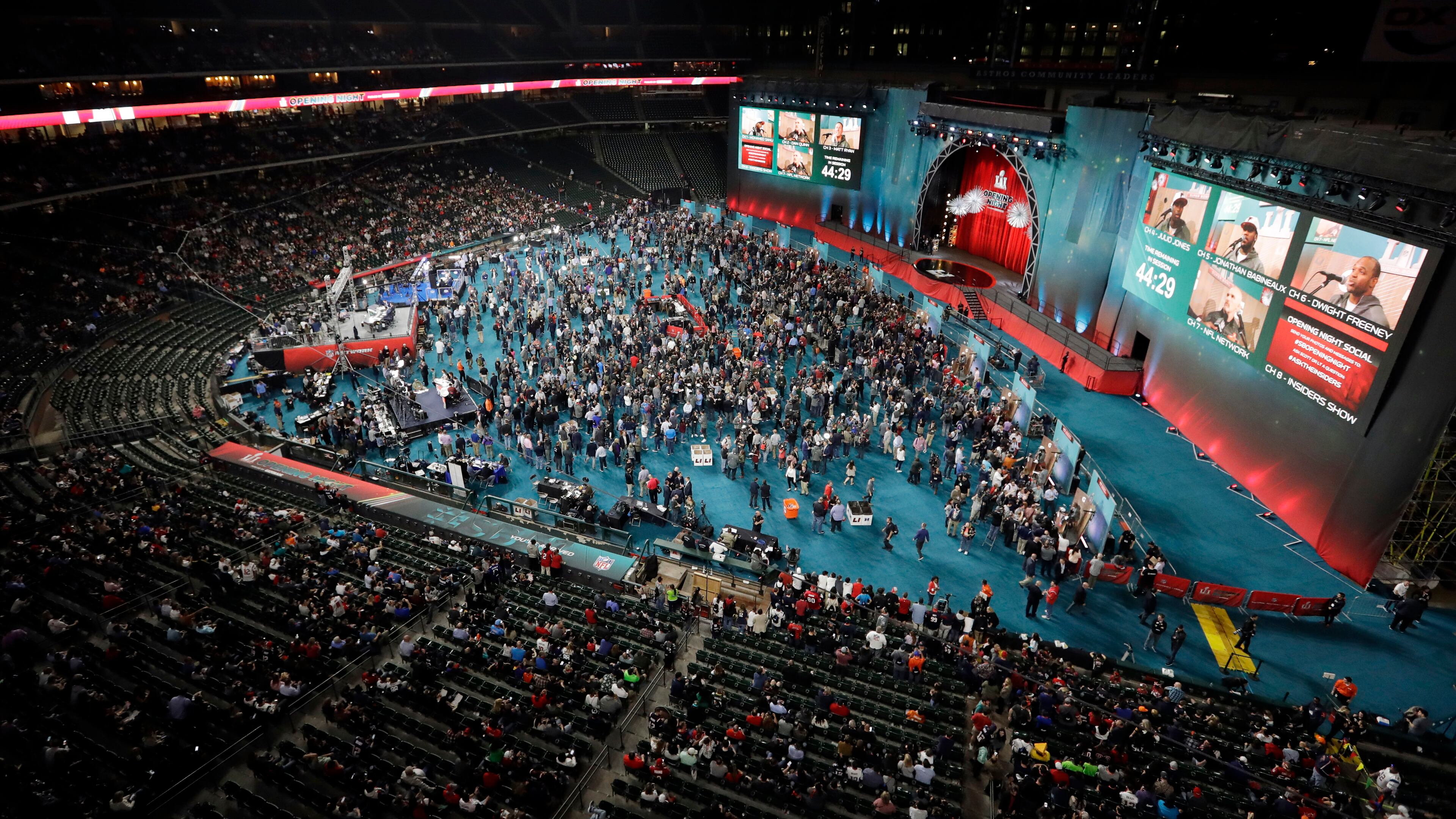 The Atlanta Falcons during opening night for the NFL Super Bowl 51 football game at Minute Maid Park Monday, Jan. 30, 2017, in Houston. (AP Photo/Eric Gay)