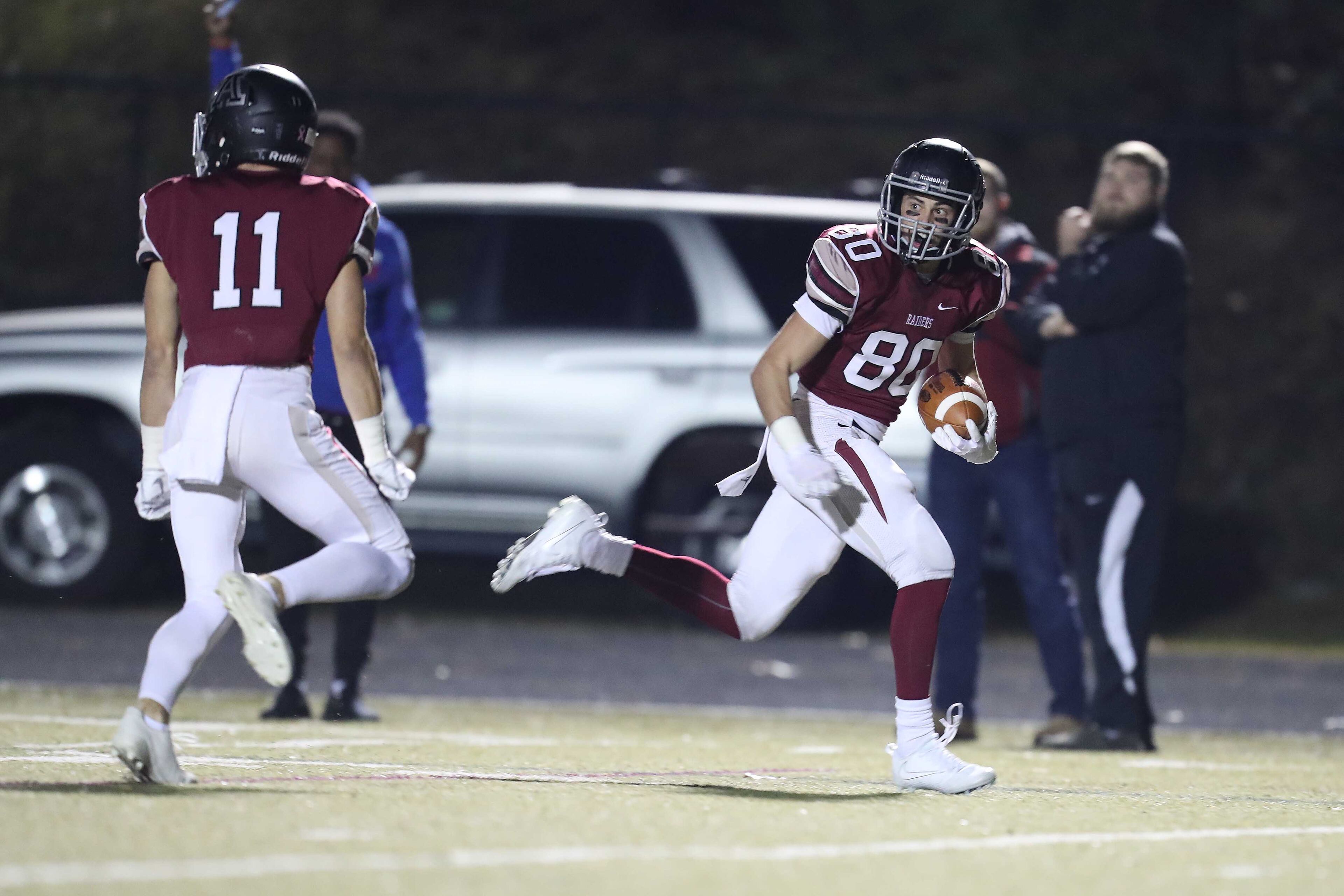 11/24/2017, Alpharetta, GA - Alpharetta Raiders wide receiver Luke Estes (80) makes a touchdown during the first half of the Georgia high school AAAAAA football quarterfinals at Raider Stadium, Friday, November 24, 2017, in Alpharetta. The Coffee County Trojans (8-3) took on the Alpharetta Raiders (11-1) during the Georgia high school AAAAAA football quarterfinals.
ALYSSA POINTER/ALYSSA.POINTER@AJC.COM