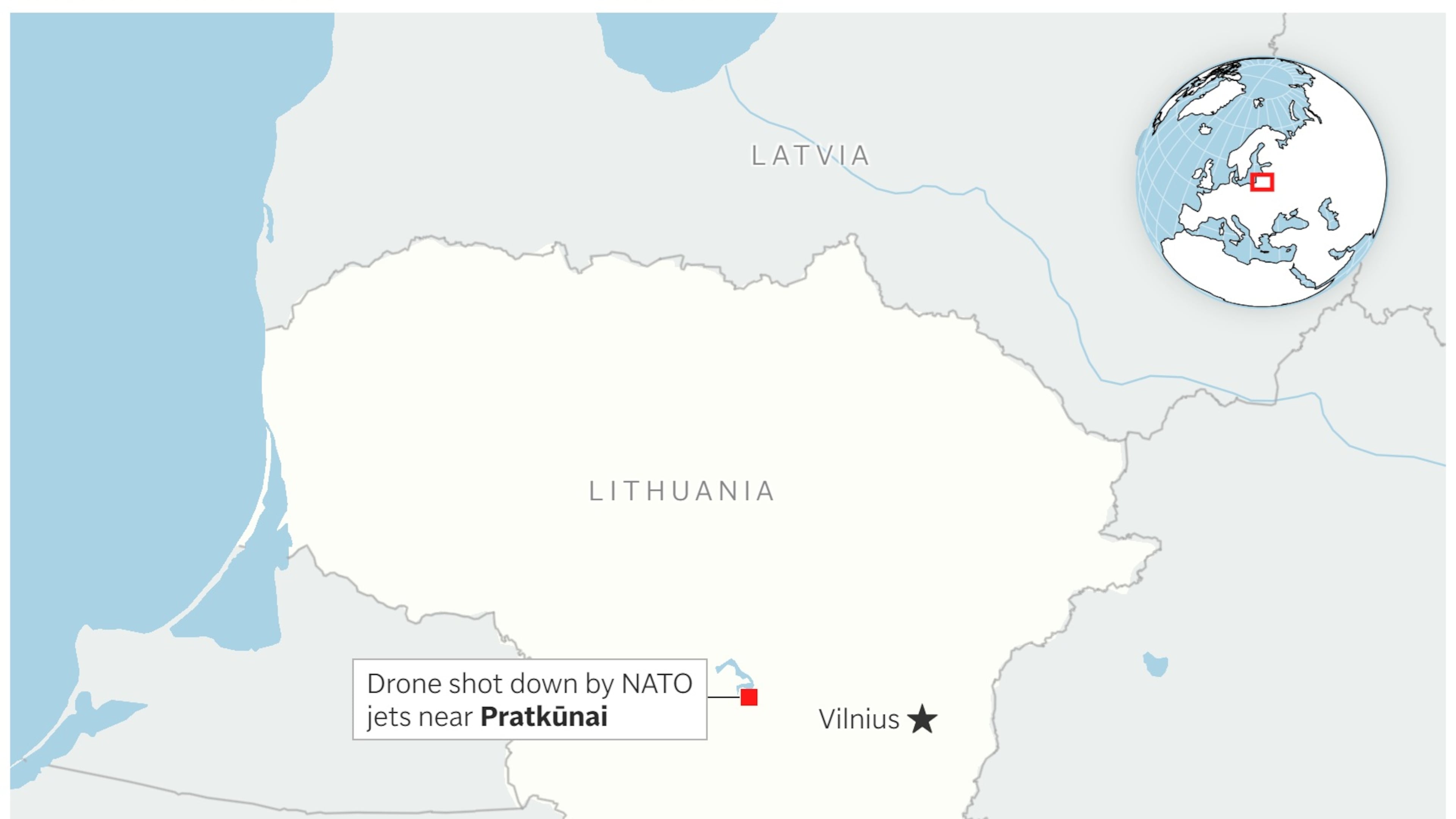 A map showing where NATO jets shot down a drone over Lithuania. (AP Digital Embed)