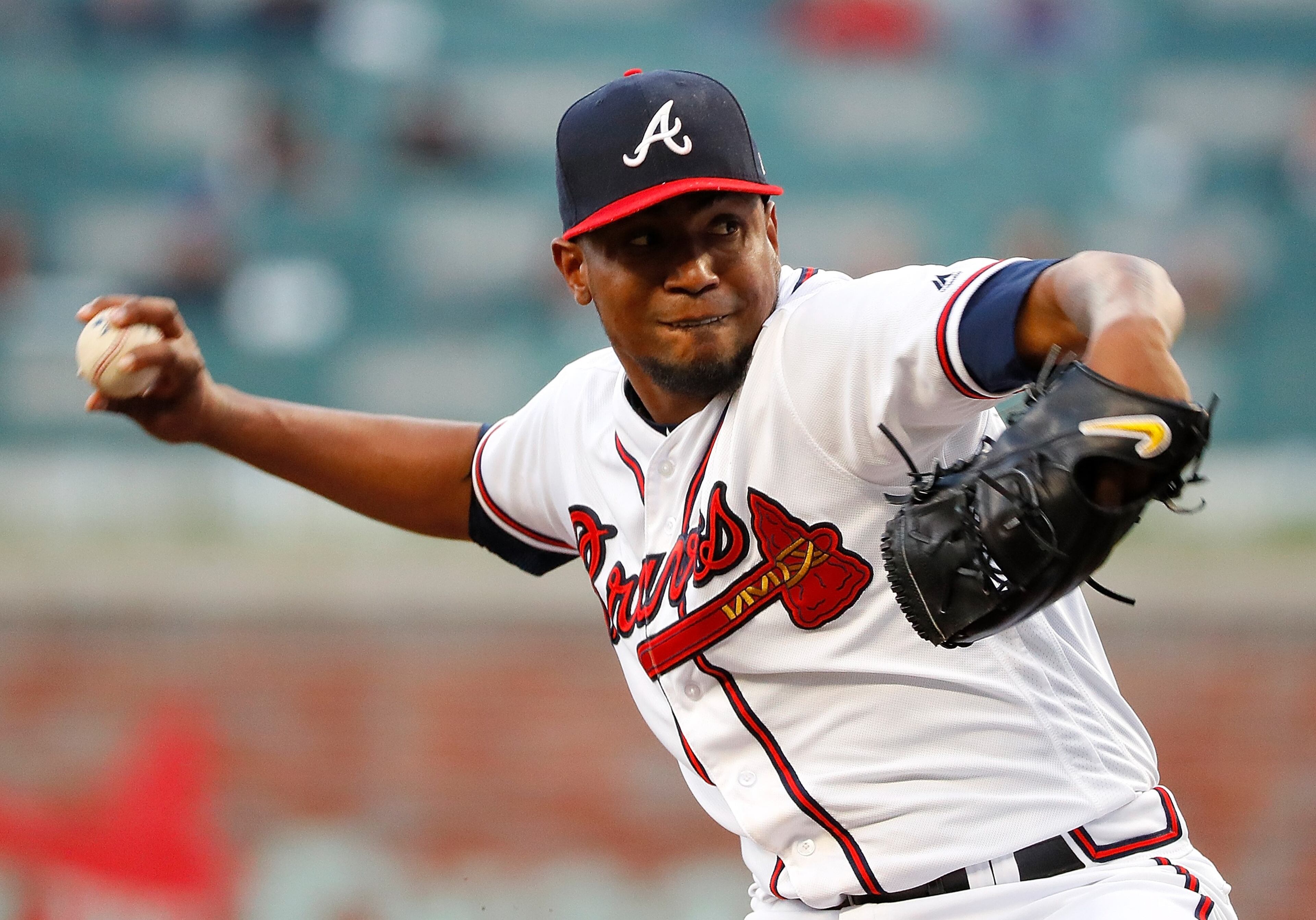 ATLANTA, GA - APRIL 16: Julio Teheran #49 of the Atlanta Braves pitches in the first inning against the Philadelphia Phillies at SunTrust Park on April 16, 2018 in Atlanta, Georgia. (Photo by Kevin C. Cox/Getty Images)