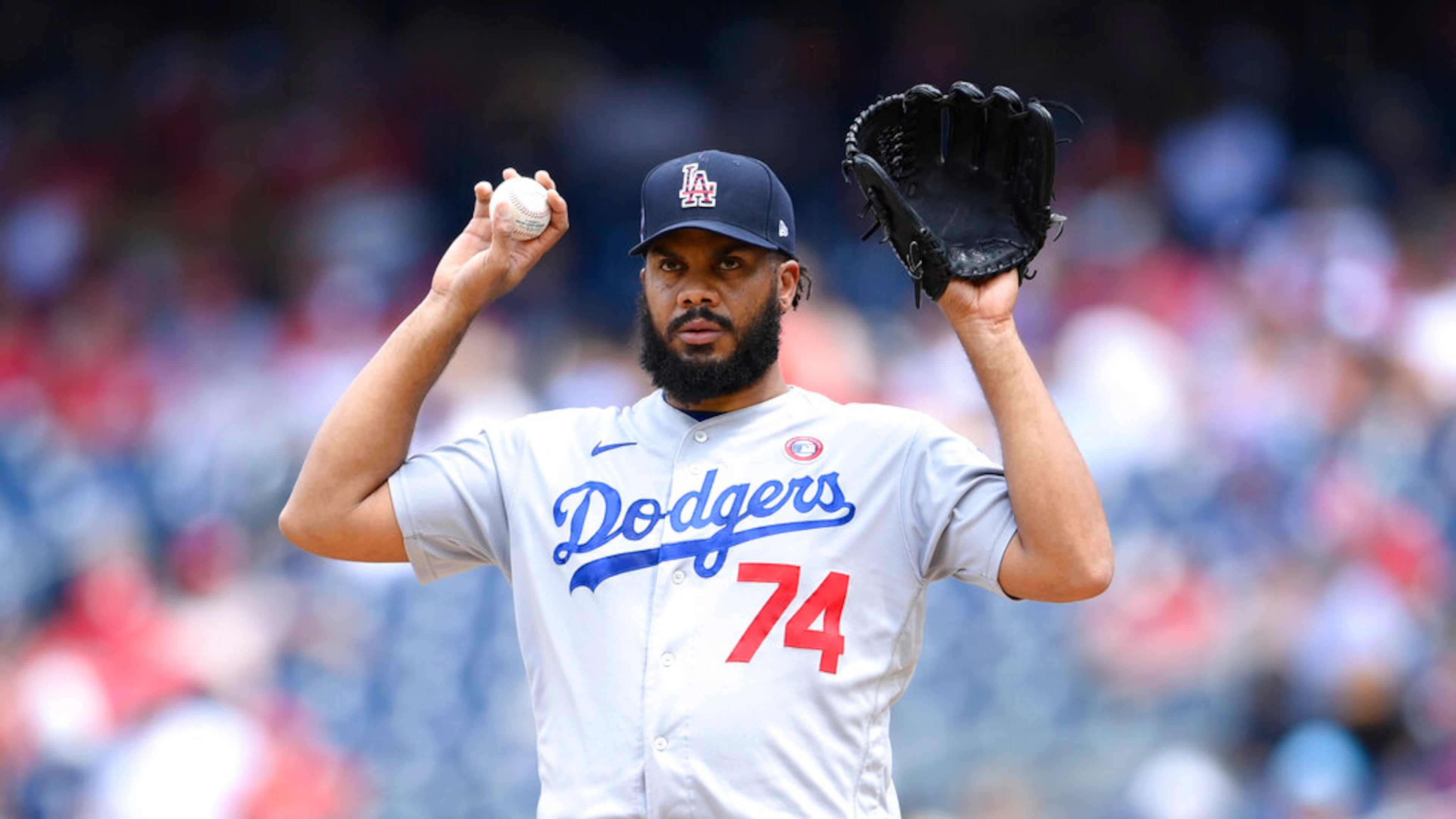 Los Angeles Dodgers relief pitcher Kenley Jansen (74) stands on the mound during a baseball game against the Washington Nationals, Sunday, July 4, 2021, in Washington. The Dodgers won 5-1. (AP Photo/Nick Wass)