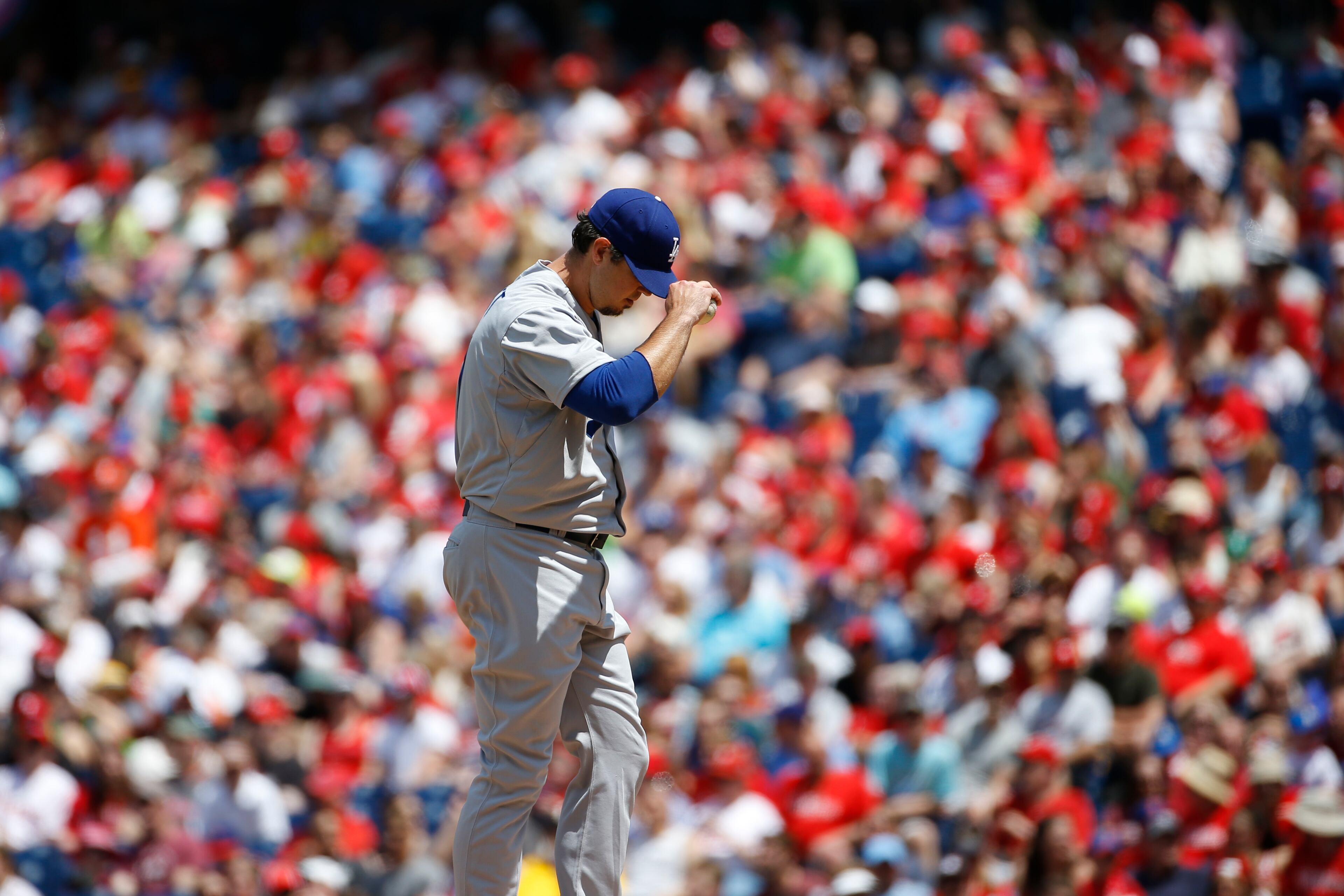 Los Angeles Dodgers' Josh Beckett adjusts his hat during his no-hitter baseball game against the Philadelphia Phillies, Sunday, May 25, 2014, in Philadelphia. Los Angeles won 6-0. (AP Photo/Matt Slocum)
