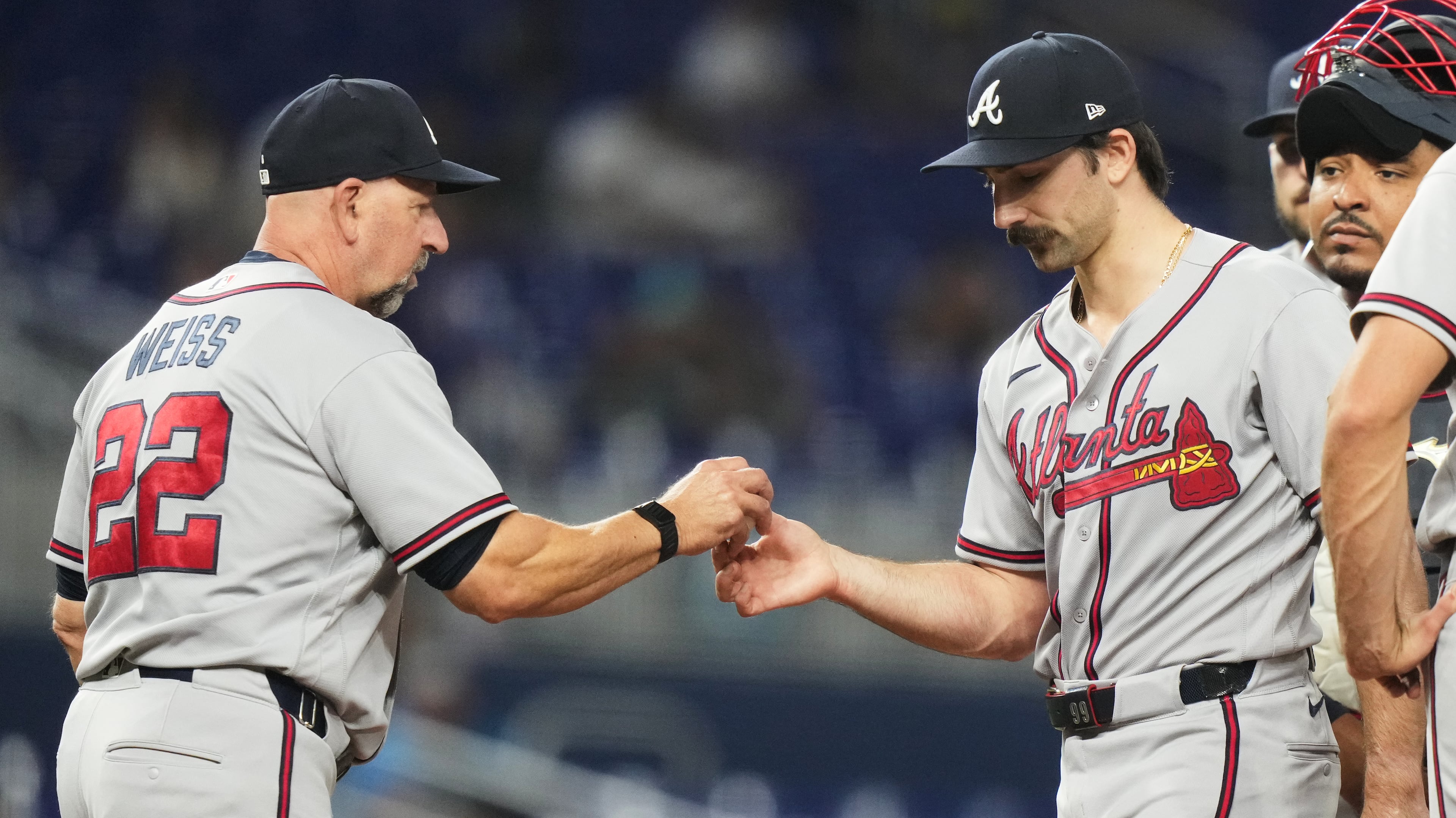 Atlanta Braves starting pitcher Spencer Strider, right, hands the ball to manager Walt Weiss (22) as he is relieved during the seventh inning of a baseball game against the Miami Marlins, Thursday, May 21, 2026, in Miami. (AP Photo/Lynne Sladky)