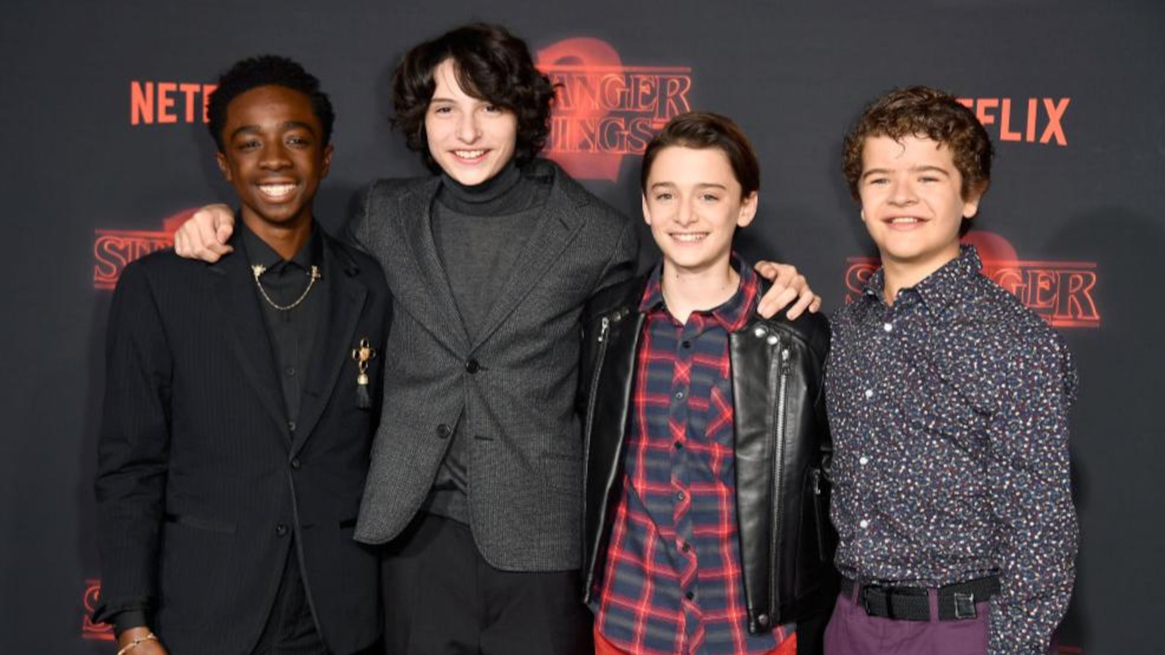 LOS ANGELES, CA - OCTOBER 26: (L-R) Caleb McLaughlin, Finn Wolfhard, Noah Schnapp, and Gaten Matarazzo attend the premiere of Netflix's "Stranger Things" Season 2 at Regency Bruin Theatre on October 26, 2017 in Los Angeles, California. (Photo by Frazer Harrison/Getty Images)