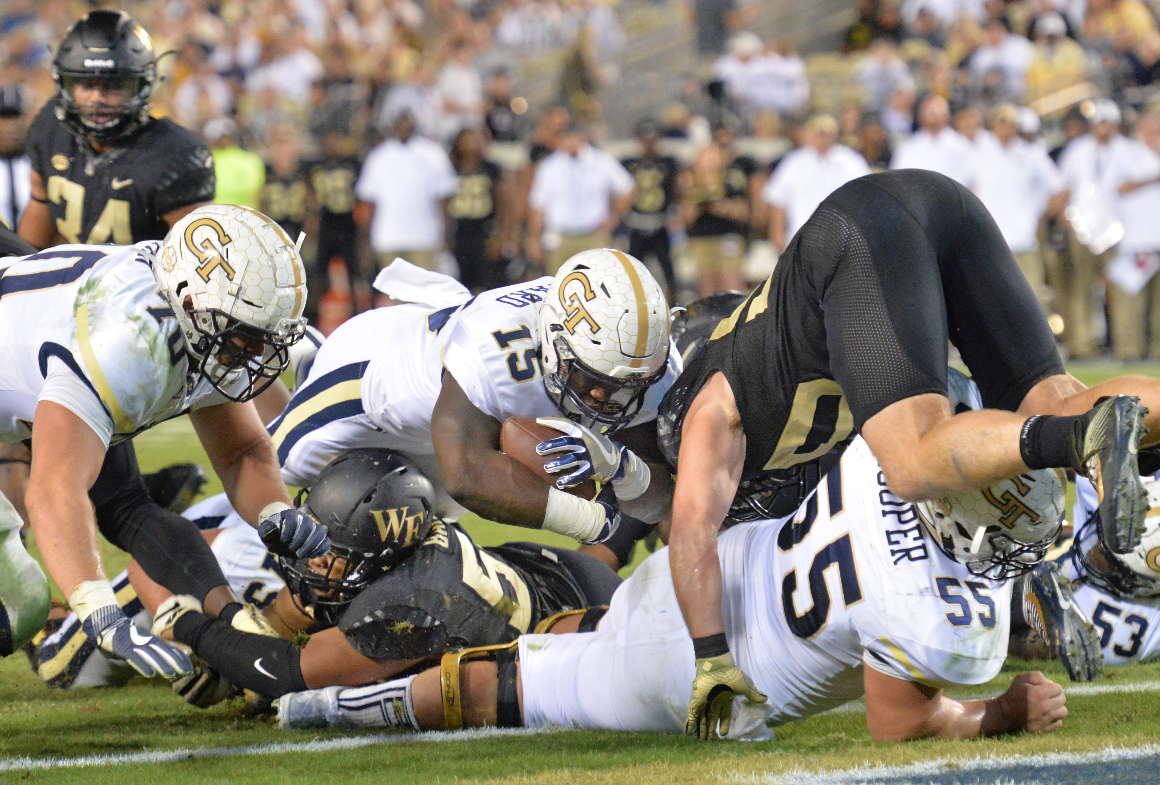 October 21, 2017 Atlanta - Georgia Tech running back Jerry Howard (15) dives into the endzone for a touchdown in the first half of an NCAA college football game at Bobby Dodd Stadium on Saturday, October 21, 2017. HYOSUB SHIN / HSHIN@AJC.COM