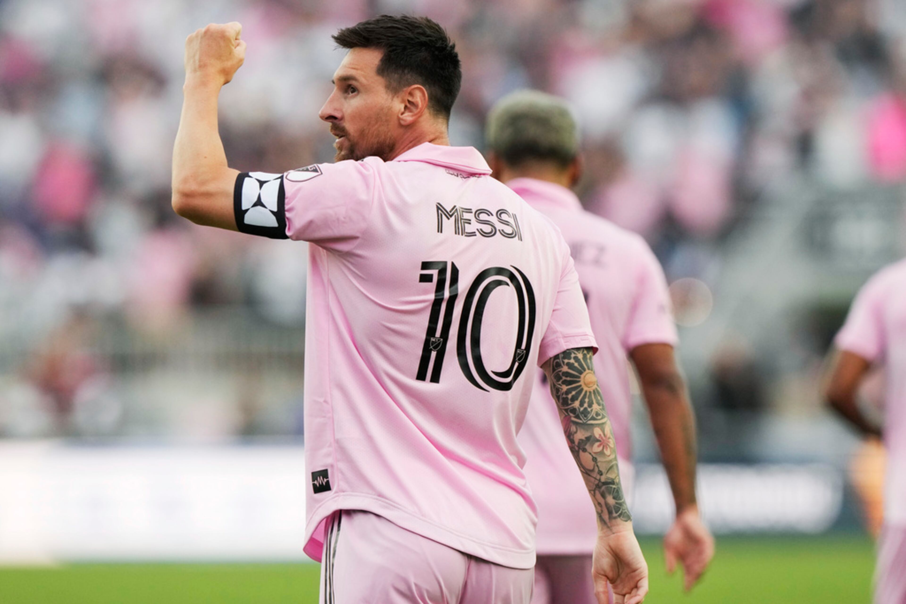 Inter Miami forward Lionel Messi (10) reacts after scoring a goal during the first half of a Leagues Cup soccer match against Atlanta United, Tuesday, July 25, 2023, in Fort Lauderdale, Fla. (AP Photo/Lynne Sladky)