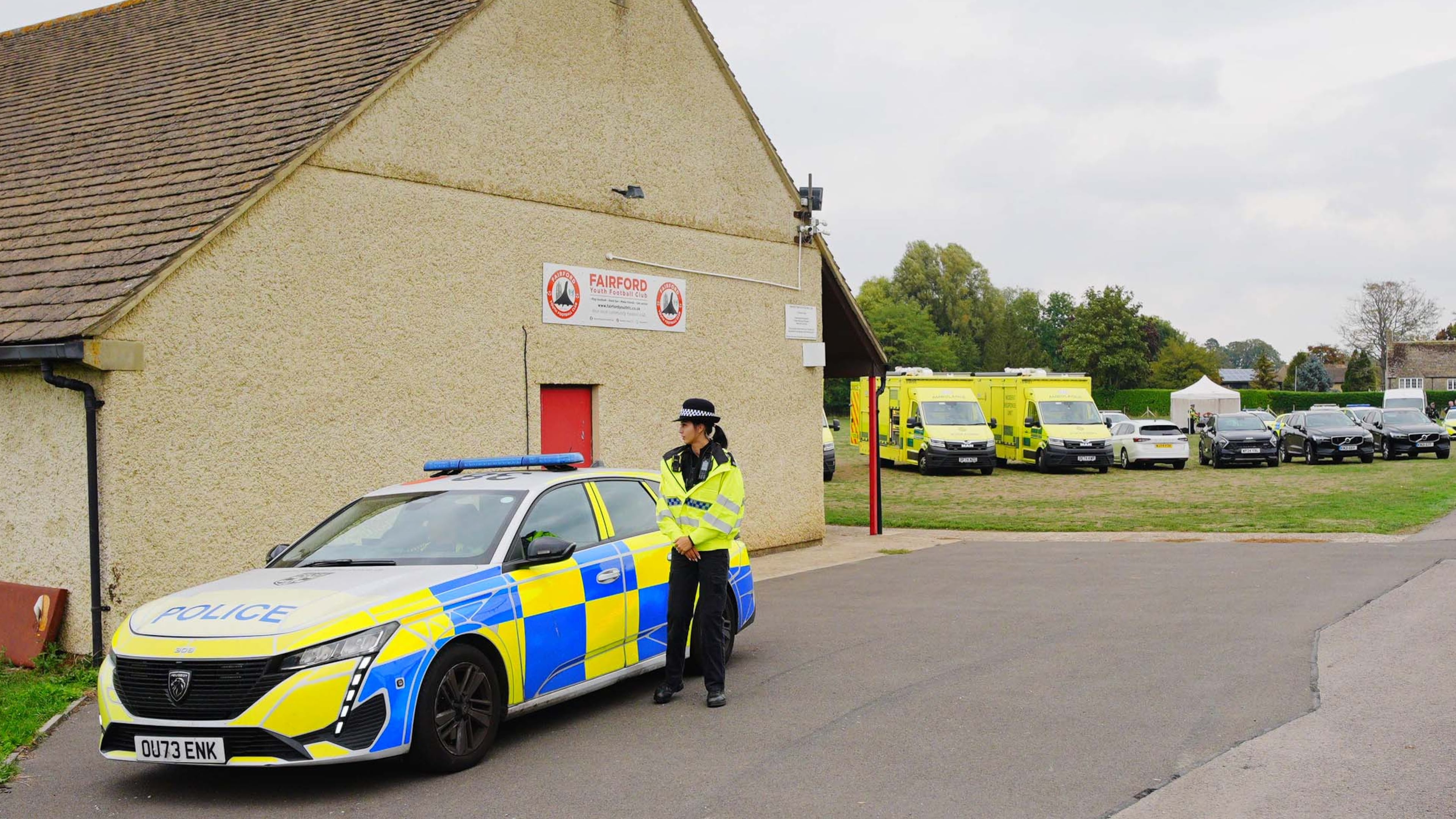 Emergency services at the scene of an incident close to RAF Fairford,, in Whelford, England, Sunday, Sept. 27, 2026 .(Ben Birchall/PA via AP)