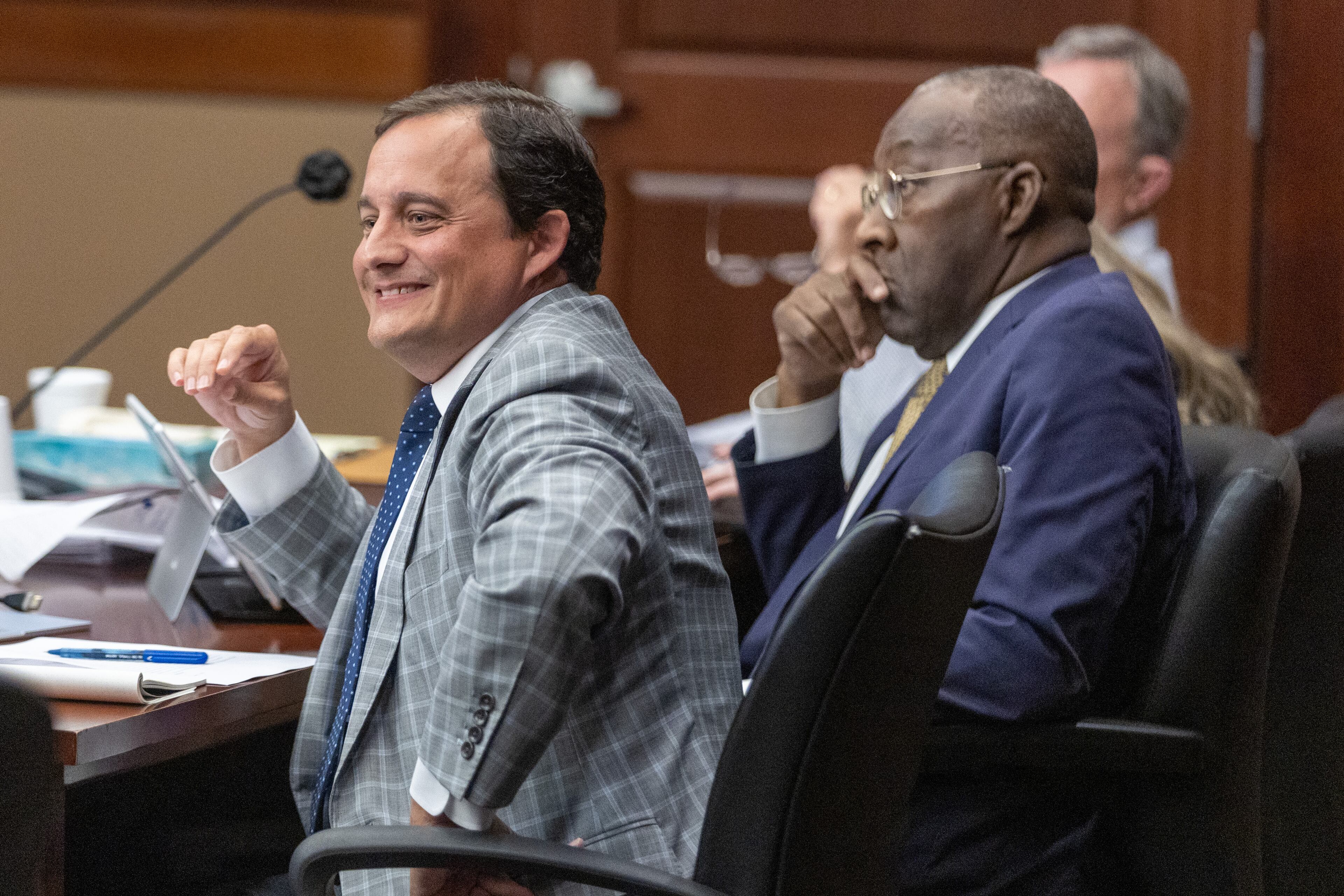 Lawyers for the North Georgia Conference of the United Methodist Church listen to opening statements during a hearing in Marietta Tuesday. (Steve Schaefer/steve.schaefer@ajc.com)