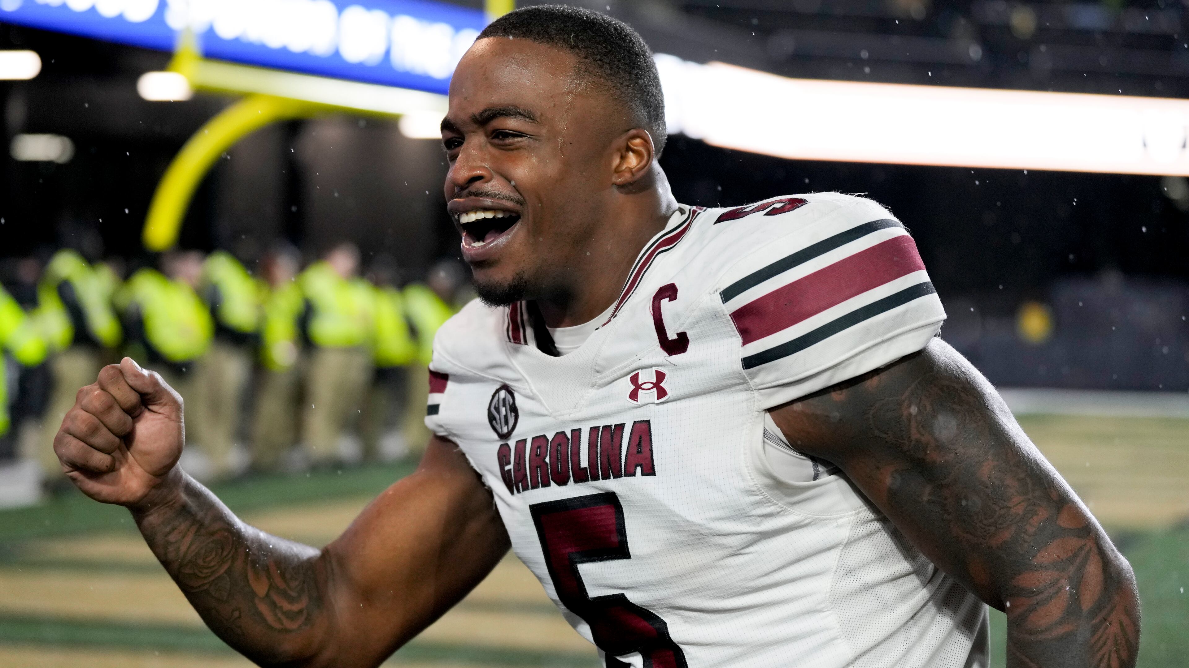 South Carolina edge Kyle Kennard (5) celebrates the team's win against Vanderbilt after an NCAA college football game Saturday, Nov. 9, 2024, in Nashville, Tenn. (AP Photo/George Walker IV)