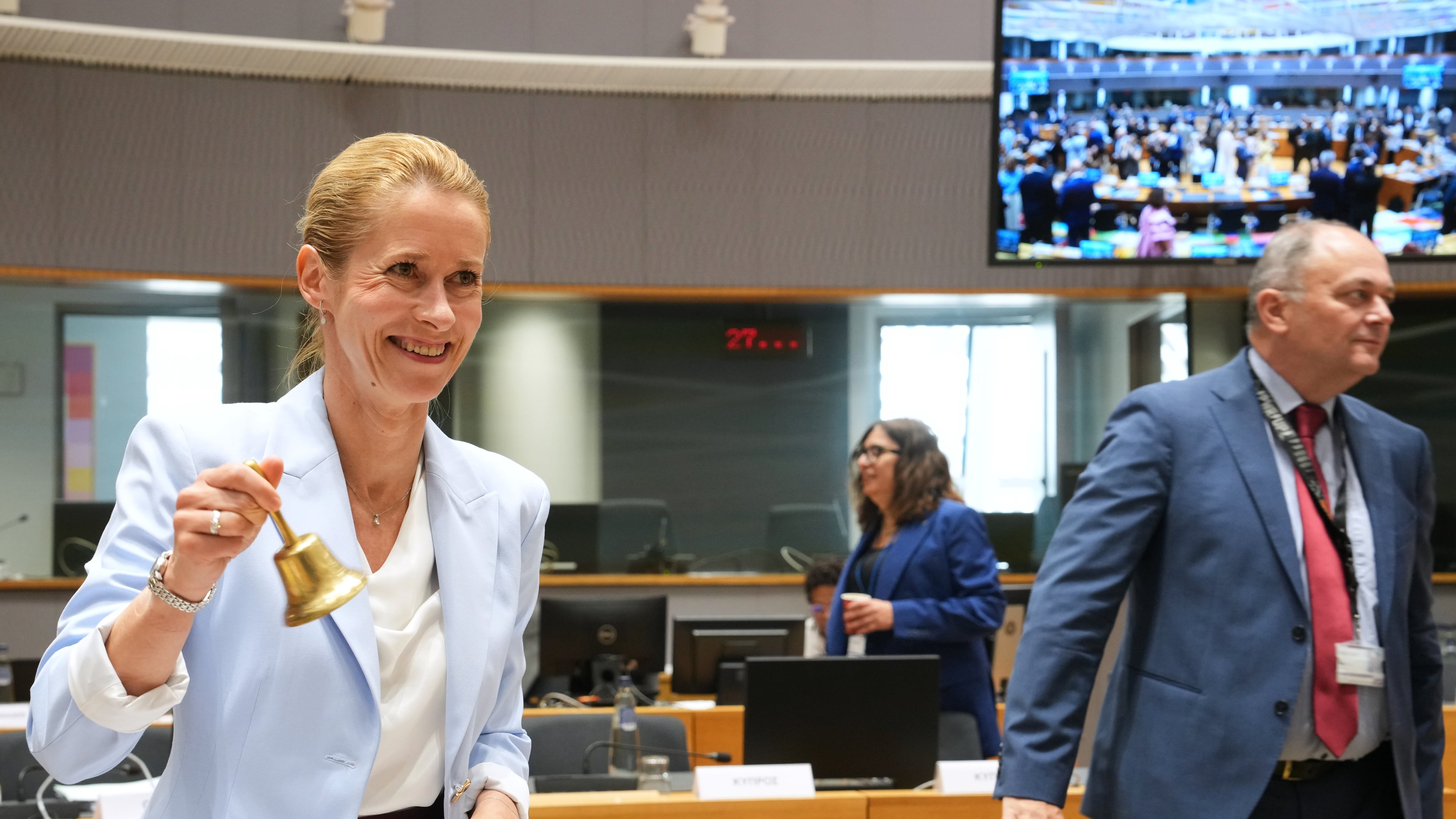 European Union foreign policy chief Kaja Kallas rings a bell to signify the start of a round table meeting of EU foreign ministers in Brussels, Monday, July 13, 2026. (AP Photo/Marius Burgelman)