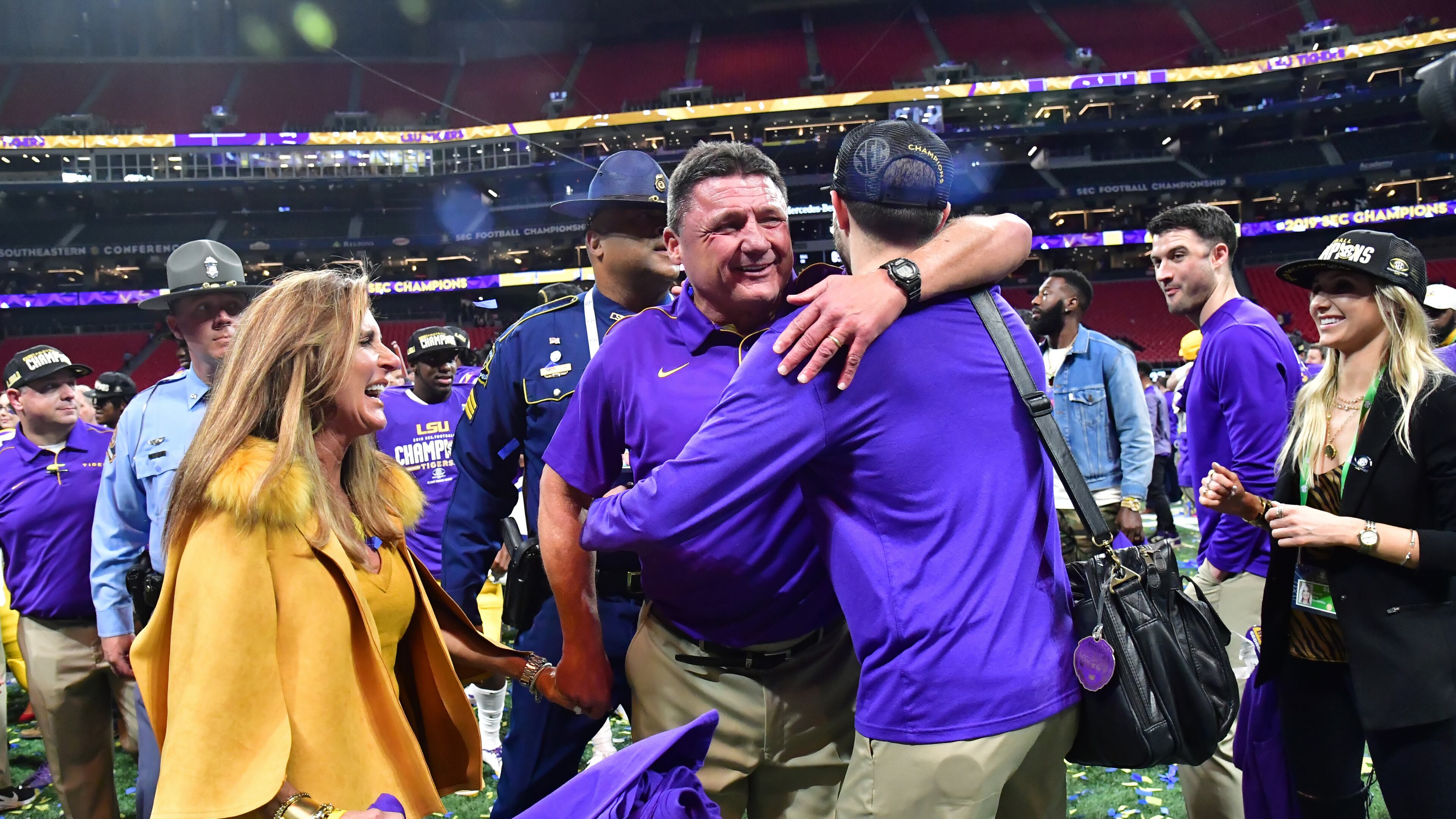 LSU head coach Ed Orgeron celebrates the win over Georgia at Mercedes-Benz Stadium on Saturday.