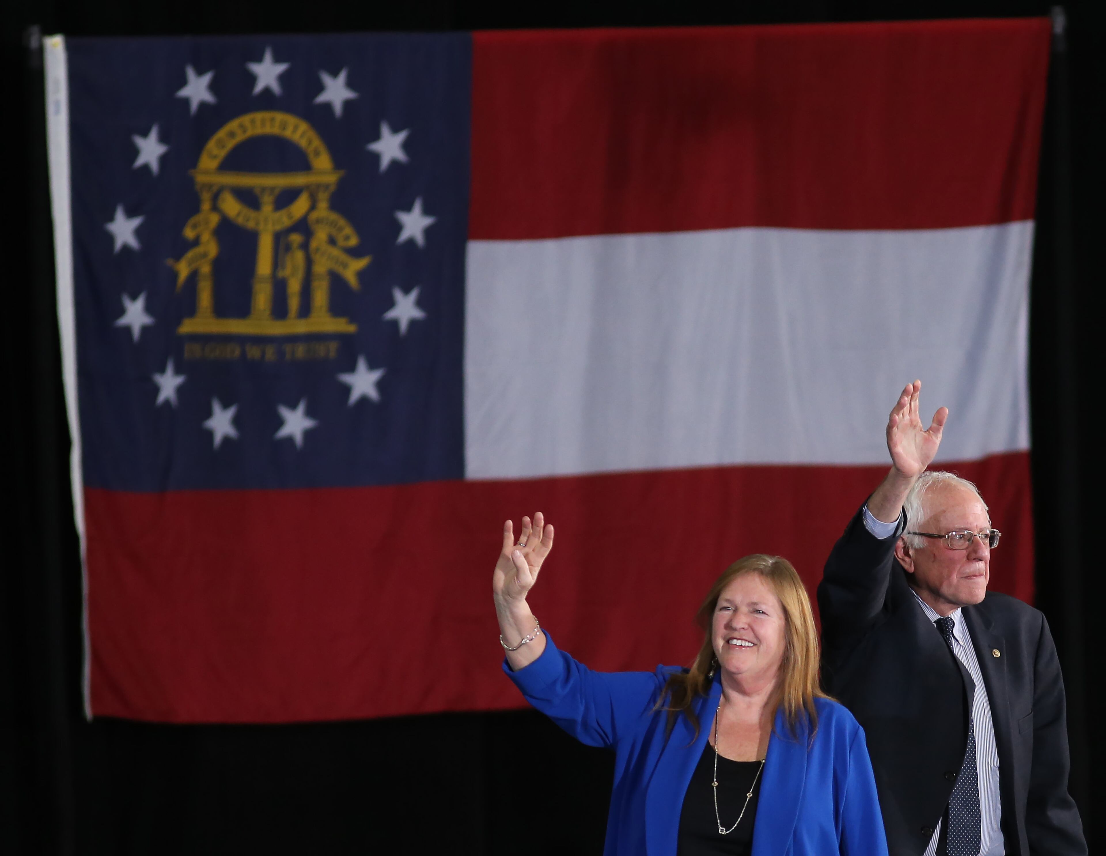 Bernie Sanders and his wife Jane take the stage during a campaign rally Tuesday evening February 16, 2016 at Morehouse College. Ben Gray / bgray@ajc.com