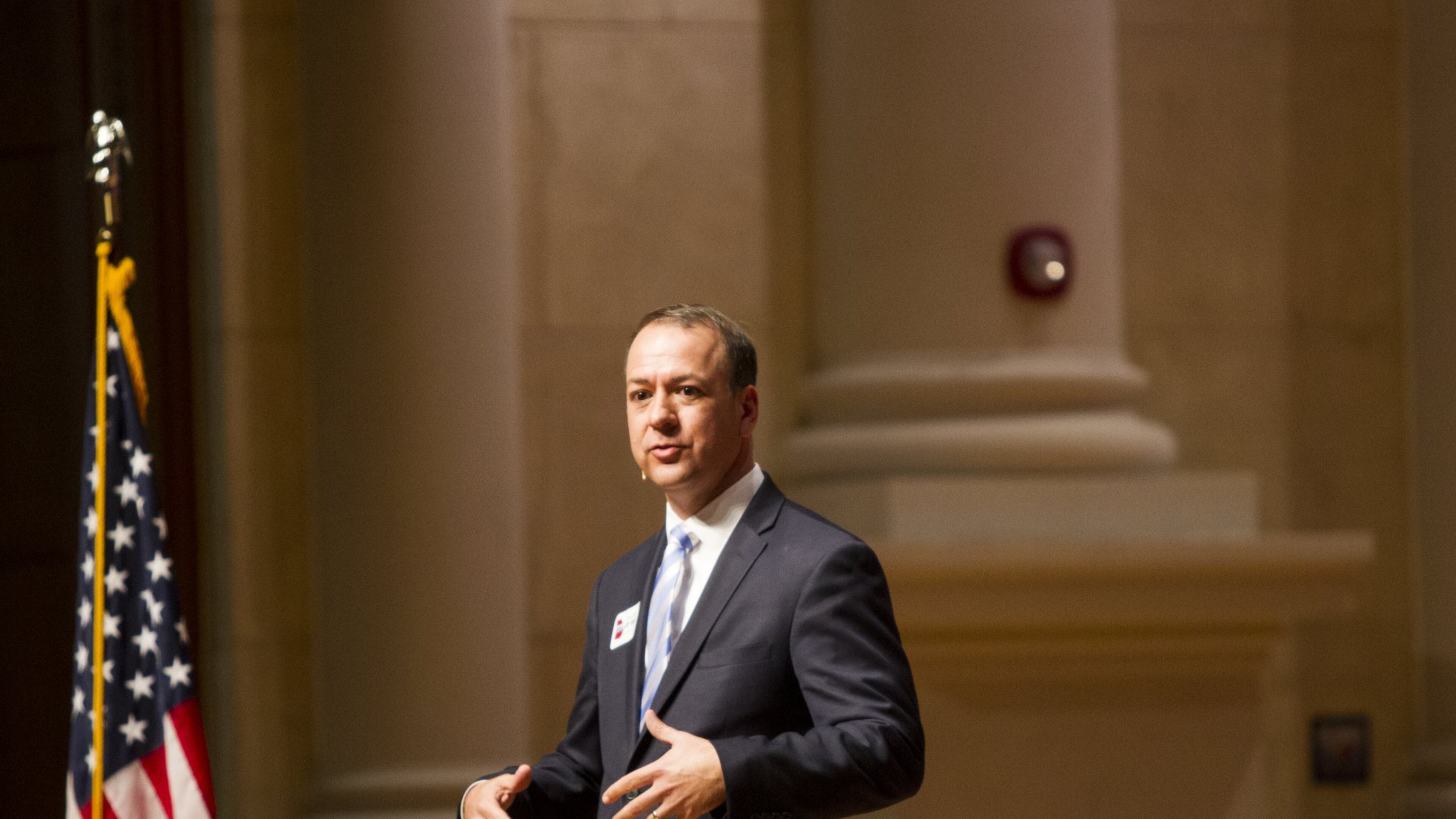 Alpharetta Mayor David Belle Isle speaks during the Georgia Secretary of State debate at Lassiter High School in Marietta, Georgia, on Monday, April 9, 2018. (REANN HUBER/REANN.HUBER@AJC.COM)