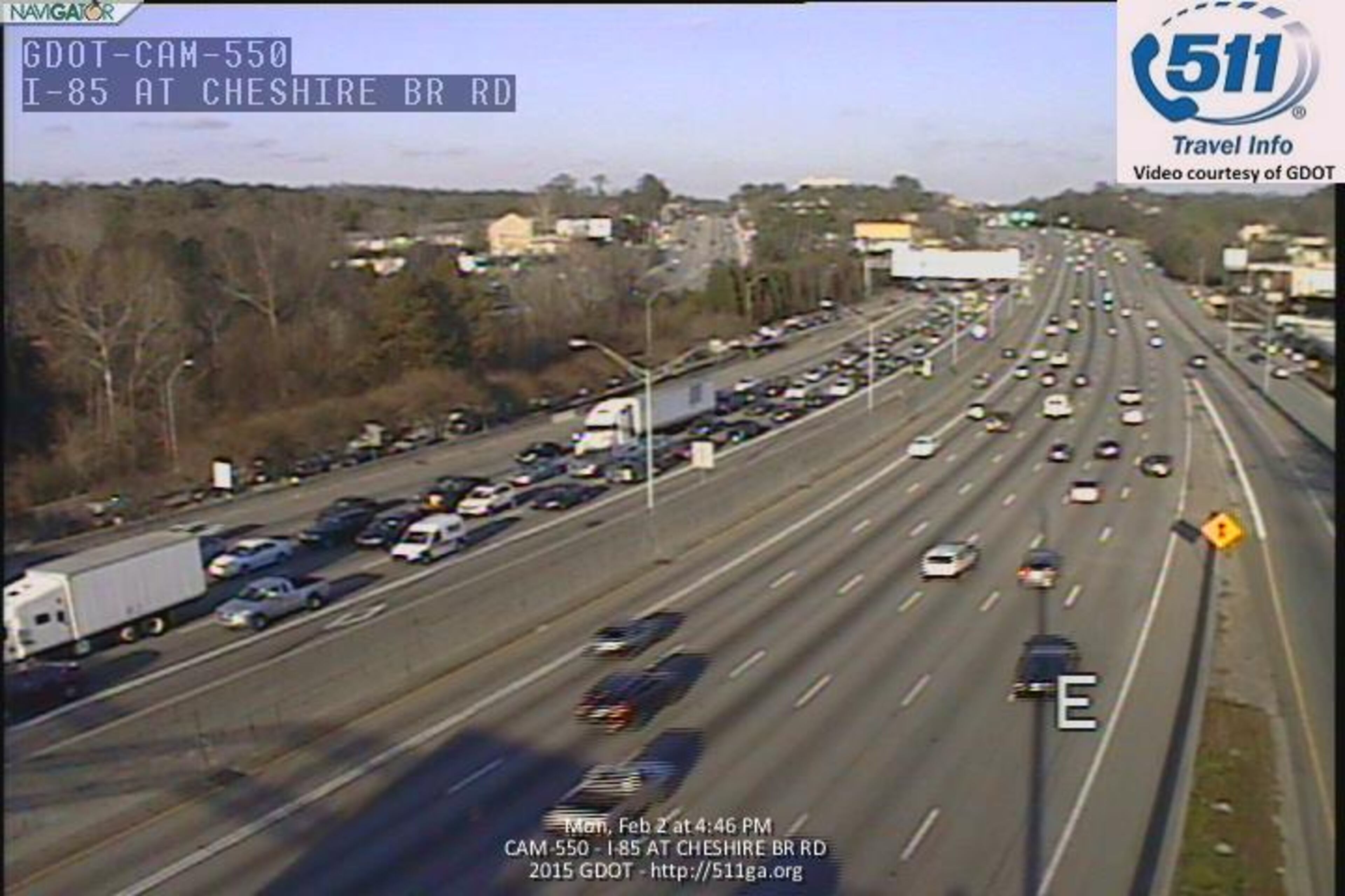The Dowtown Connector was shut down in both directions shortly before 2 p.m., following the discovery of a suspicious package on the 14th Street Bridge. Lanes reopened well before 5 p.m., but the freeze caused a backlog in both directions. GDOT traffic cameras show the escalating congestion.
