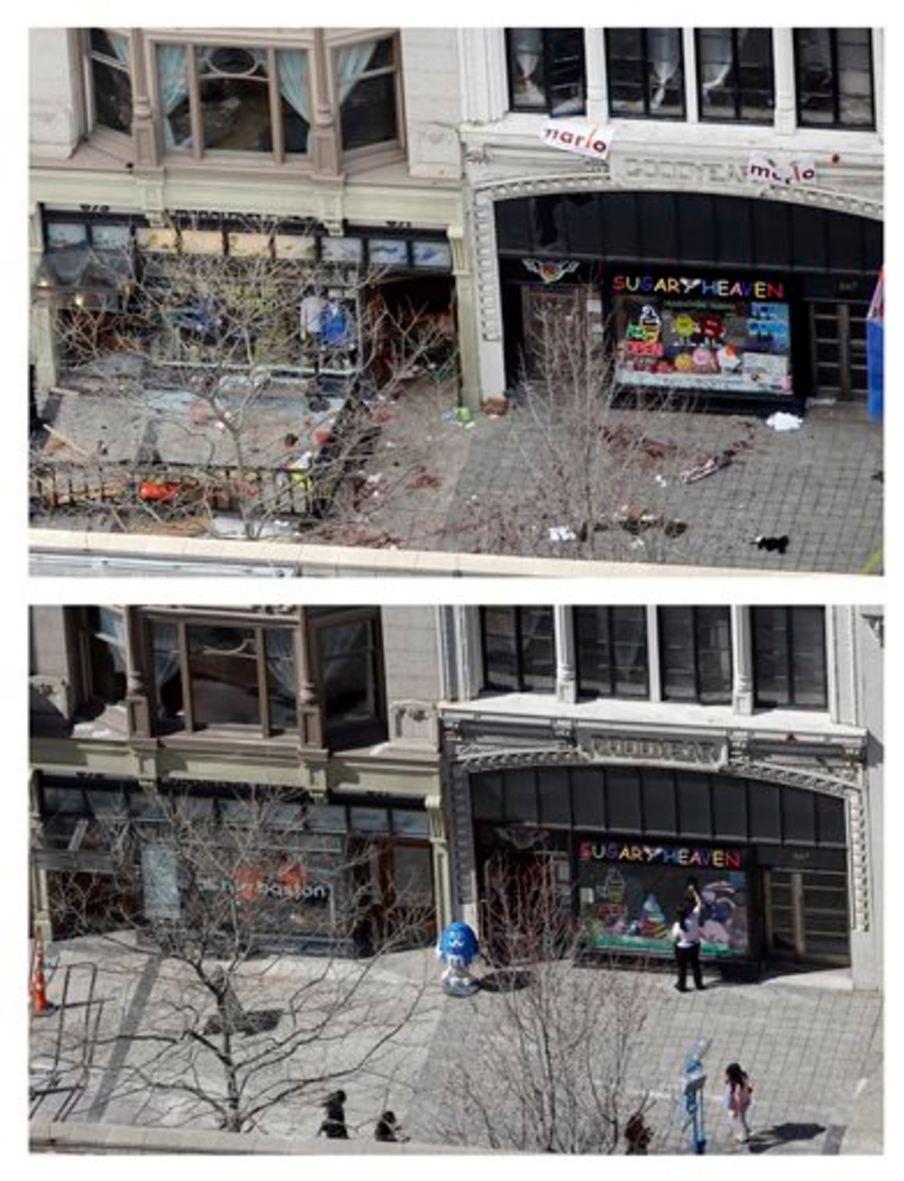 This combination of April 15, 2013 and April 10, 2014 photos show a view of Boylston Street in front of the Marathon Sports store, left, the site where the first of two bombs exploded near the finish line of the 2013 Boston Marathon, and pedestrians walking along the same sidewalk almost a year later in Boston. (AP Photo/Elise Amendola)