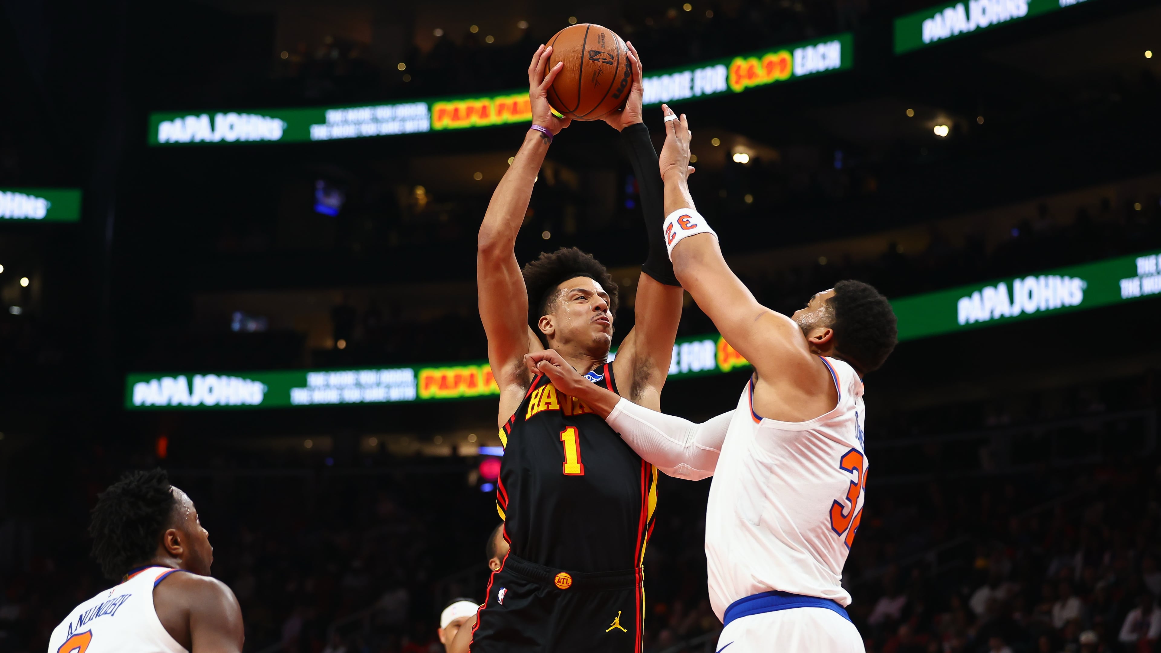 Atlanta Hawks forward Jalen Johnson looks to shoot against New York Knicks center Karl-Anthony Towns, right, during the first half of an NBA basketball game, Monday, April 6, 2026, in Atlanta. (Colin Hubbard/AP)