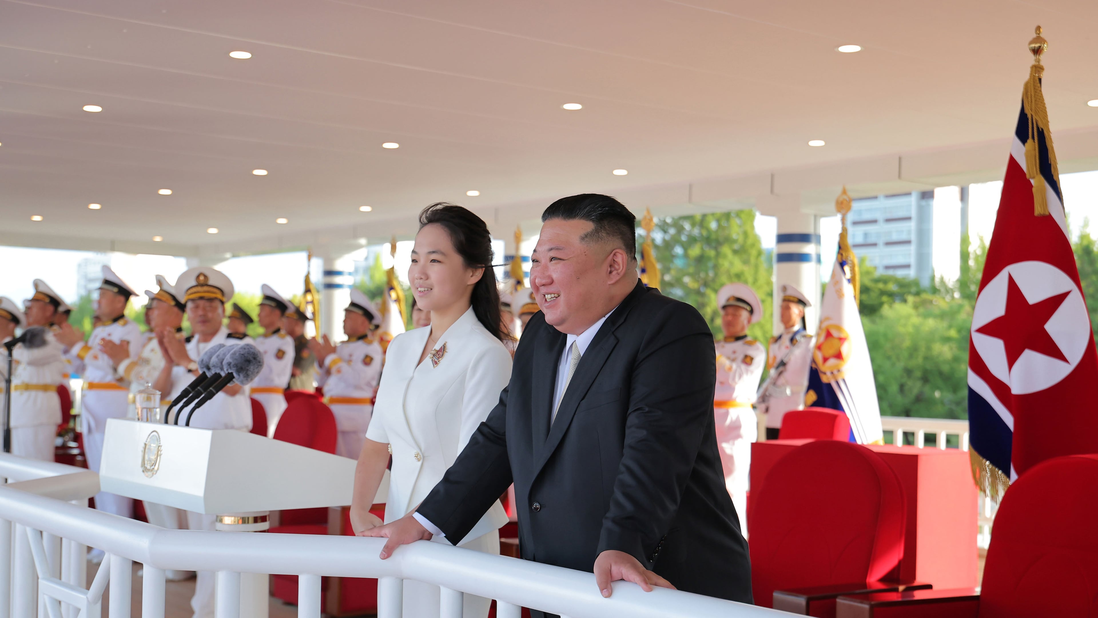 In this photo provided by the North Korean government, its leader Kim Jong Un and his daugther attend a commissioning ceremony of a destroyer, Kang Kon at a port in Wonsan, North Korea Sunday, Sept. 6, 2026. Independent journalists were not given access to cover the event depicted in this image distributed by the North Korean government. The content of this image is as provided and cannot be independently verified. Korean language watermark on image as provided by source reads: "KCNA" which is the abbreviation for Korean Central News Agency. (Korean Central News Agency/Korea News Service via AP)