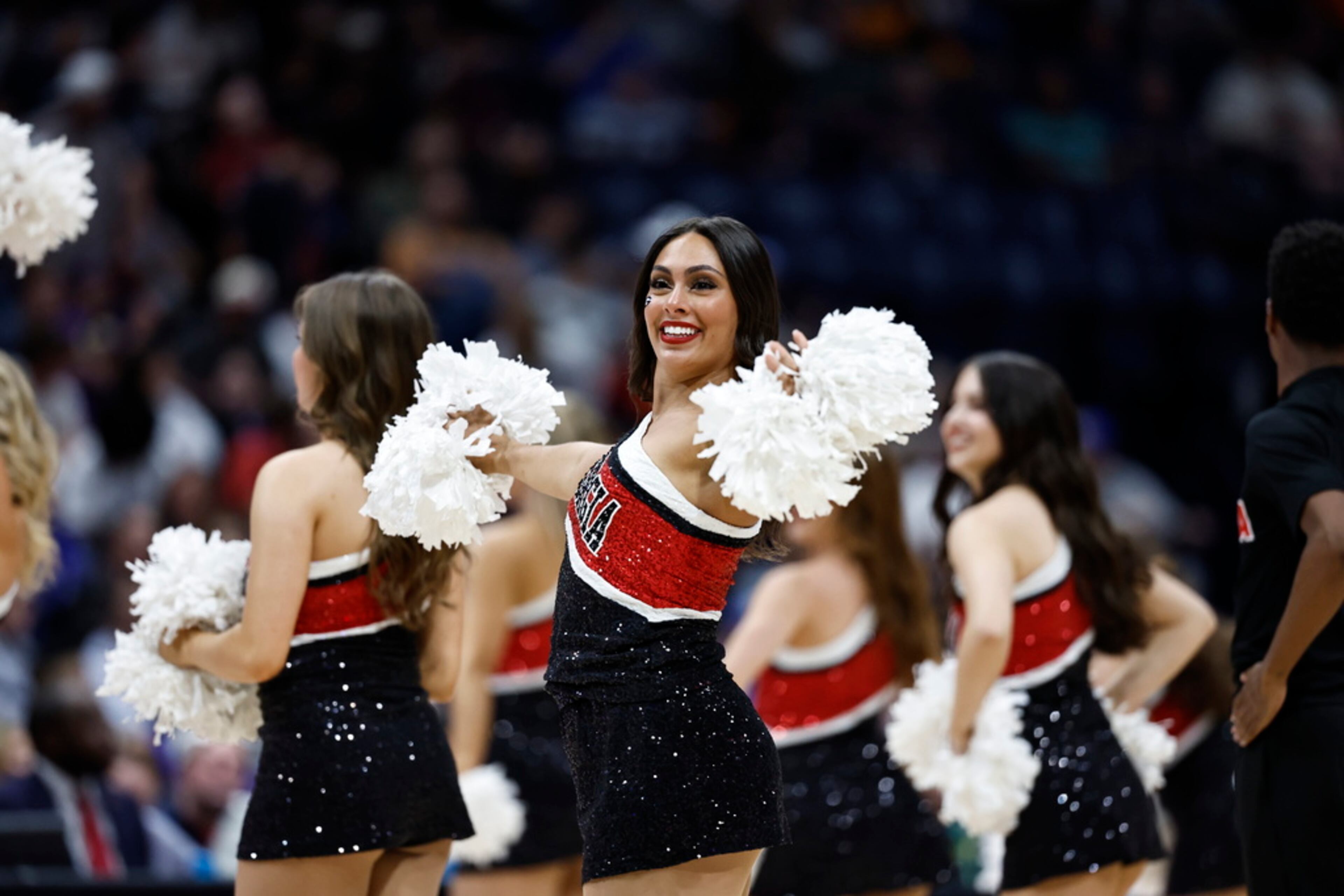 Georgia cheerleaders perform during the first half of an NCAA college basketball game against Oklahoma at the Southeastern Conference tournament, Wednesday, March 12, 2025, in Nashville, Tenn. (AP Photo/Wade Payne)