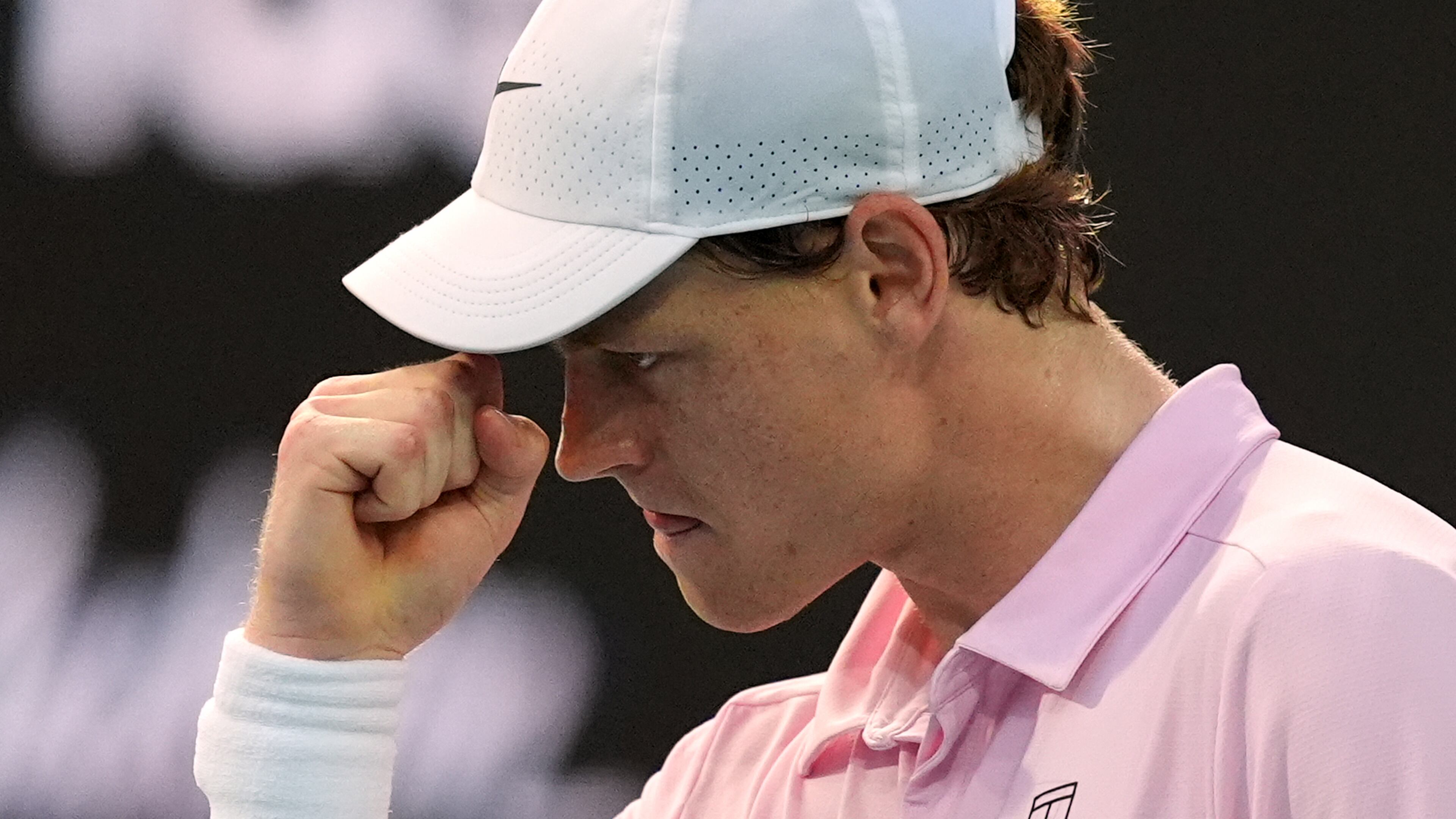 Jannik Sinner of Italy celebrates after winning a point against Jiri Lehecka of the Czech Republic in the men's singles final at the Miami Open tennis tournament, Sunday, March 29, 2026, in Miami Gardens, Fla. (AP Photo/Rebecca Blackwell)